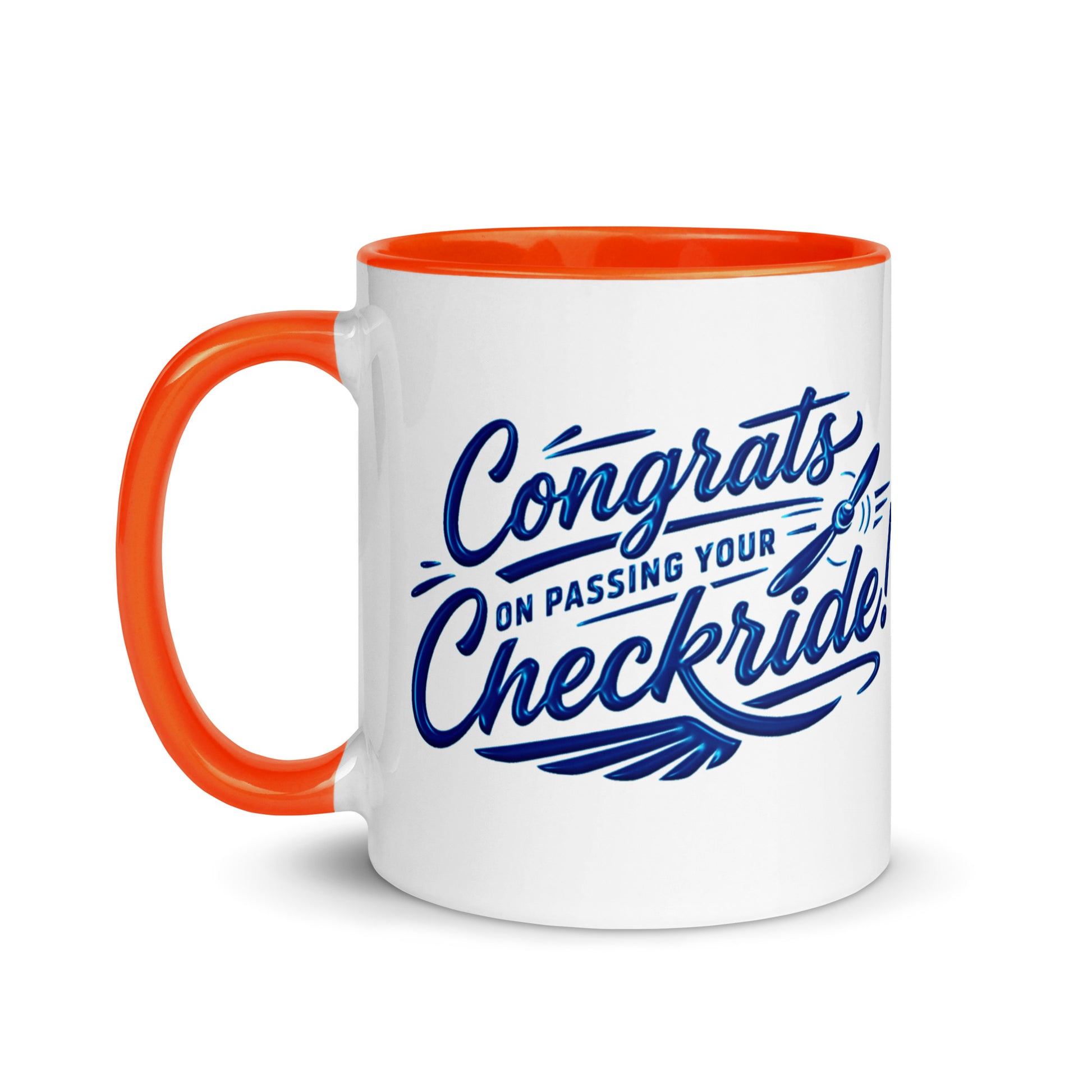 Congrats on passing your checkride! (v4. blue) 11 oz. mug with color inside