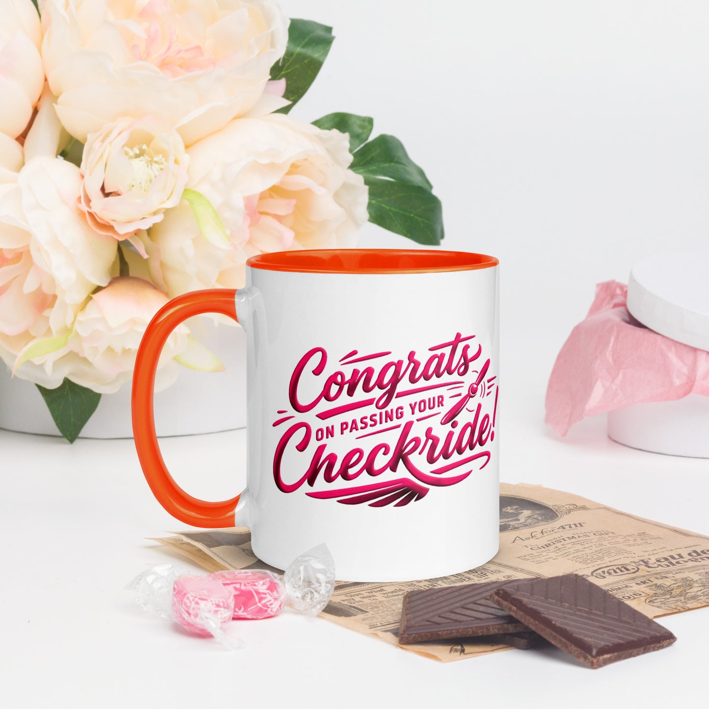 Congrats on passing your checkride! (v4. pink ) 11 oz. mug with color inside