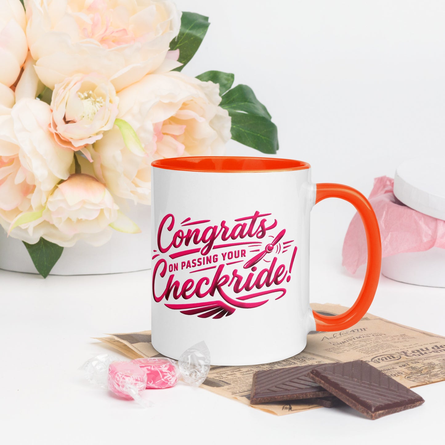 Congrats on passing your checkride! (v4. pink ) 11 oz. mug with color inside