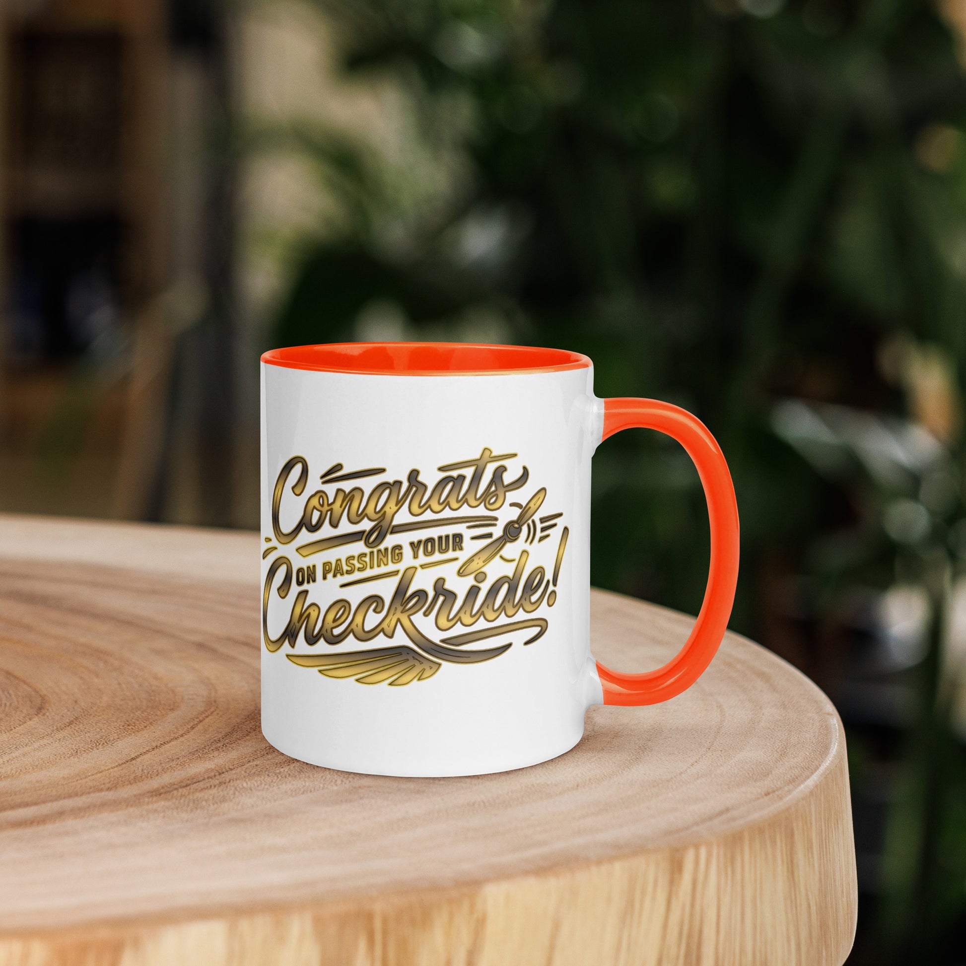 Congrats on passing your checkride! (v4. gold) 11 oz. mug with color inside
