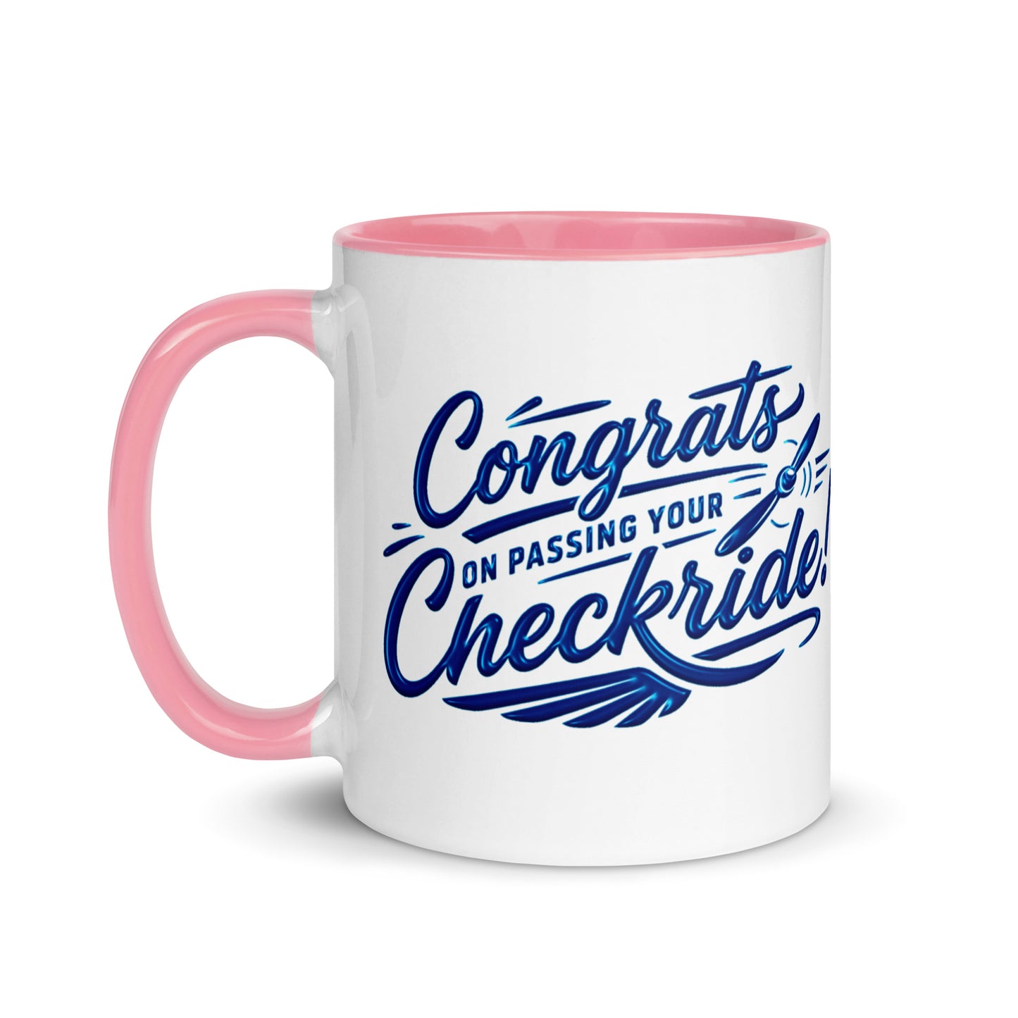 Congrats on passing your checkride! (v4. blue) 11 oz. mug with color inside