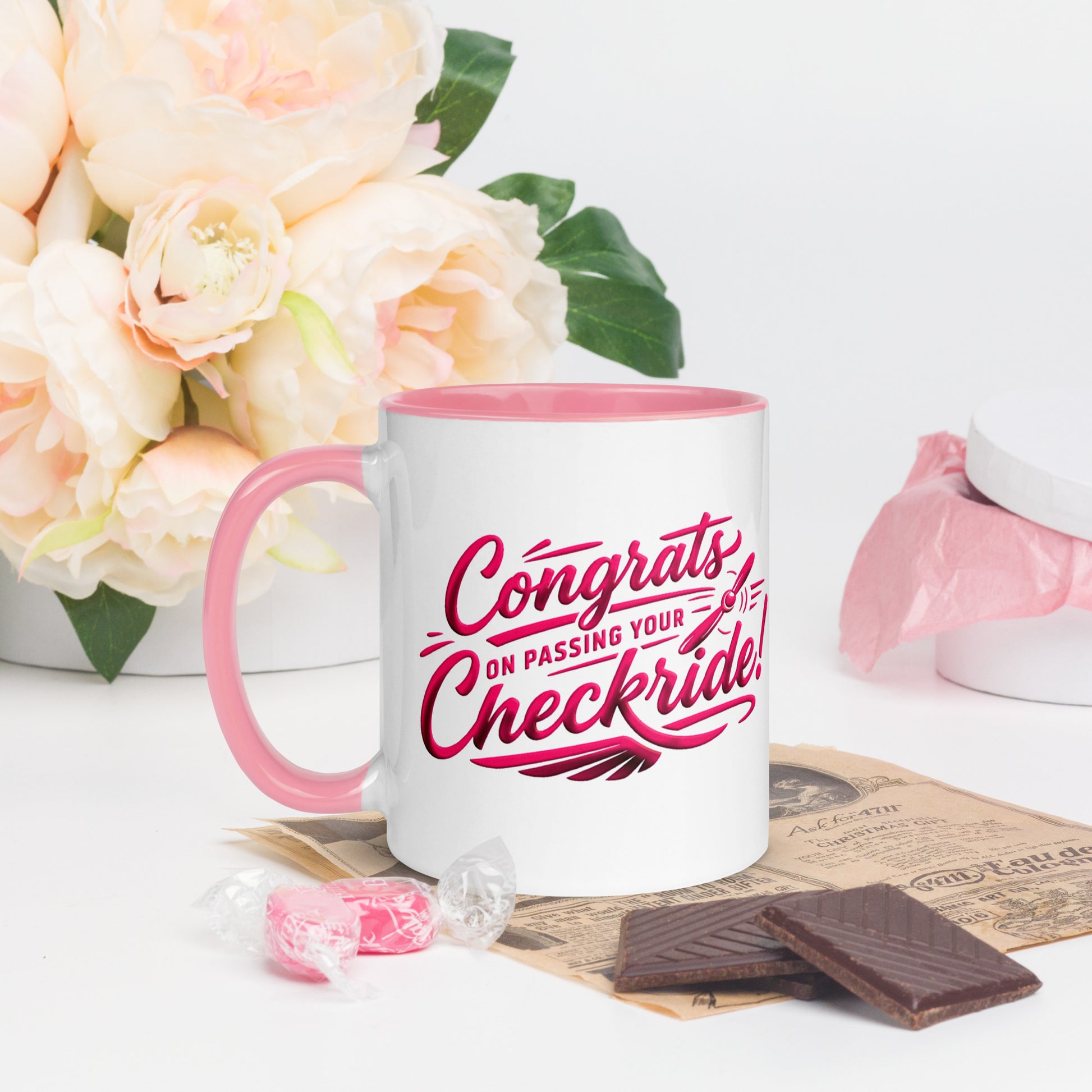 Congrats on passing your checkride! (v4. pink ) 11 oz. mug with color inside