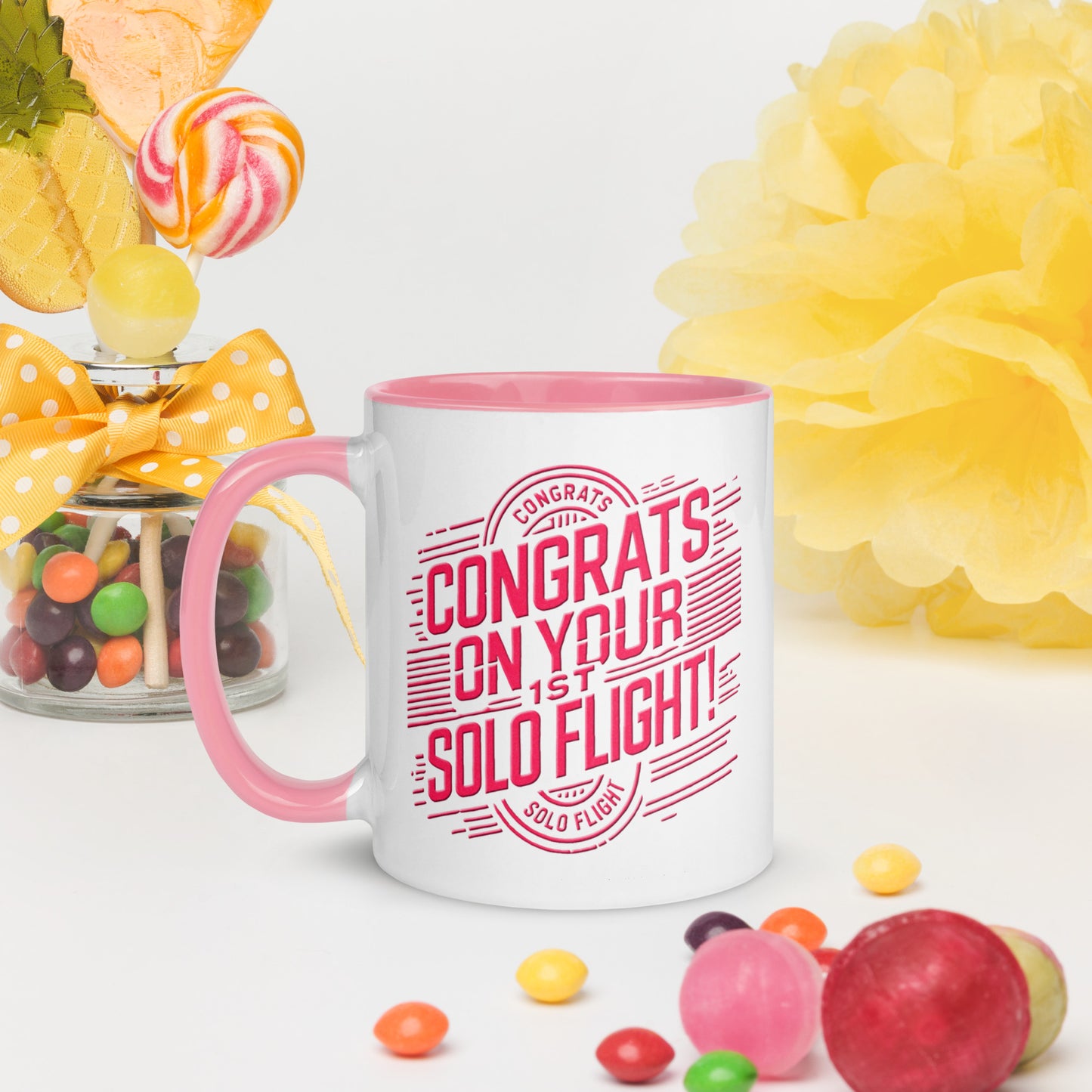 Congrats on your 1st Solo Flight! (v2. pink) 11 oz. mug with color inside