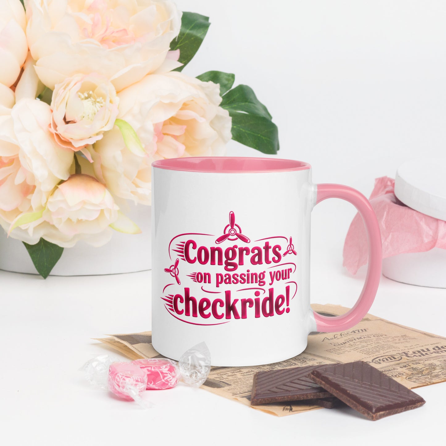 Congrats on passing your checkride! (v3. pink) mug with color inside