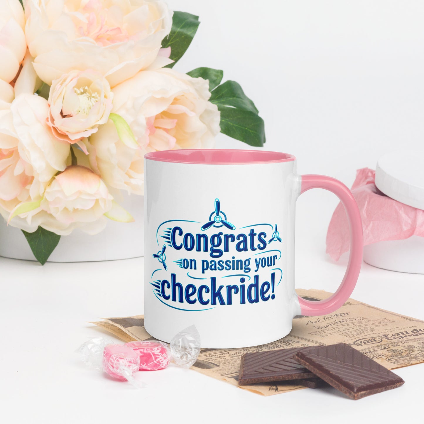 Congrats on passing your checkride! (v3. blue) mug with color inside