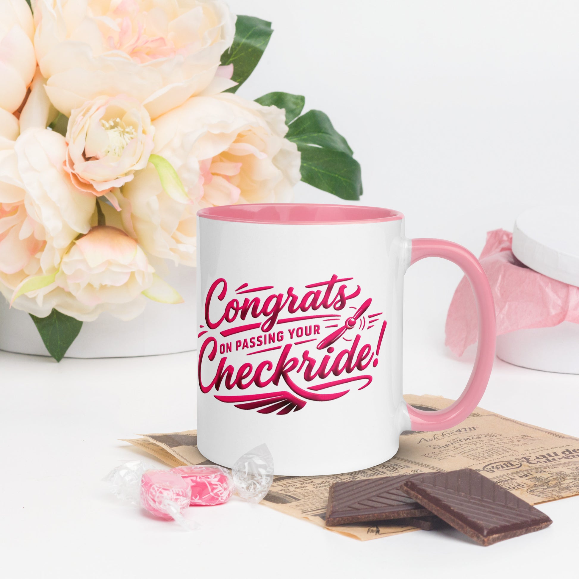 Congrats on passing your checkride! (v4. pink ) 11 oz. mug with color inside