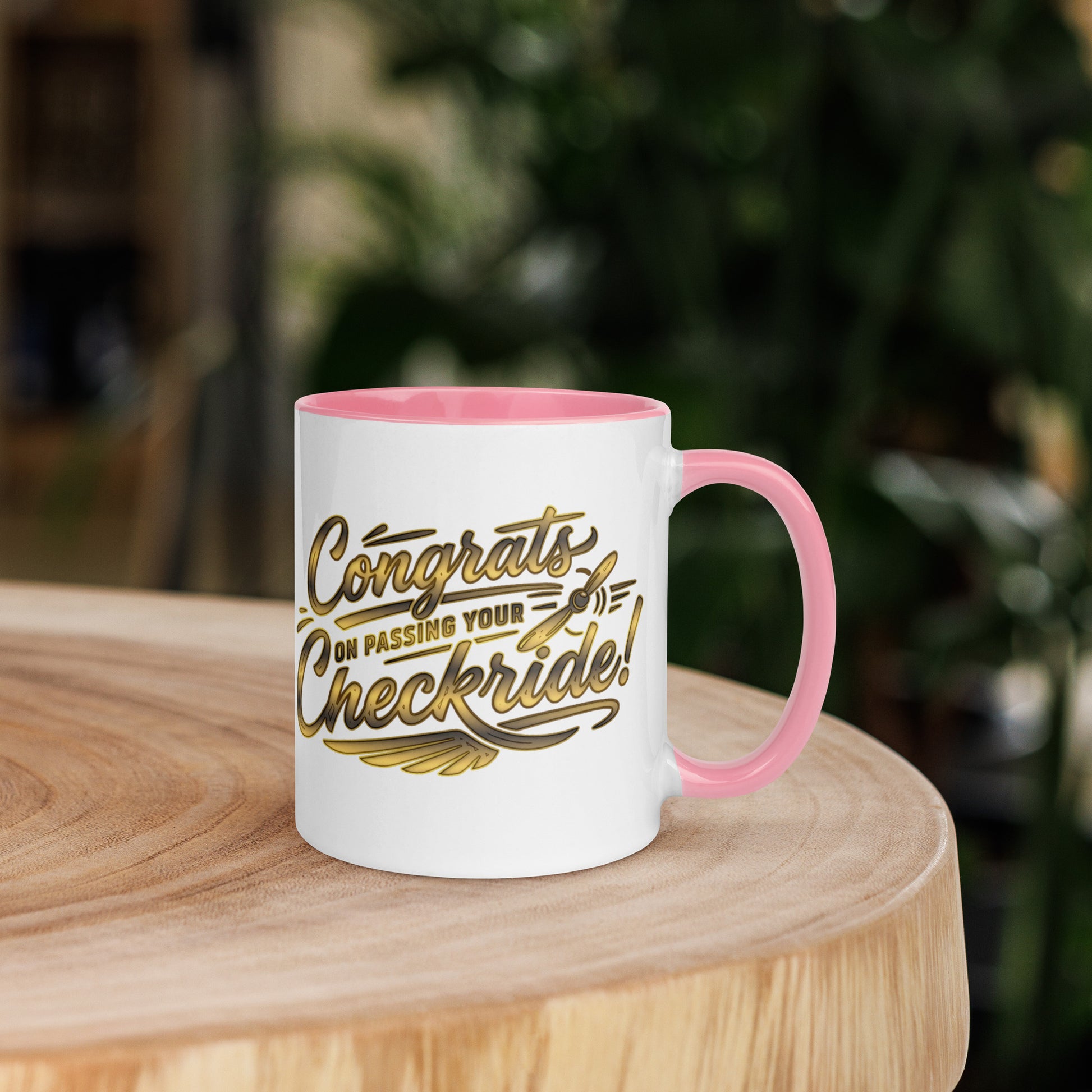 Congrats on passing your checkride! (v4. gold) 11 oz. mug with color inside