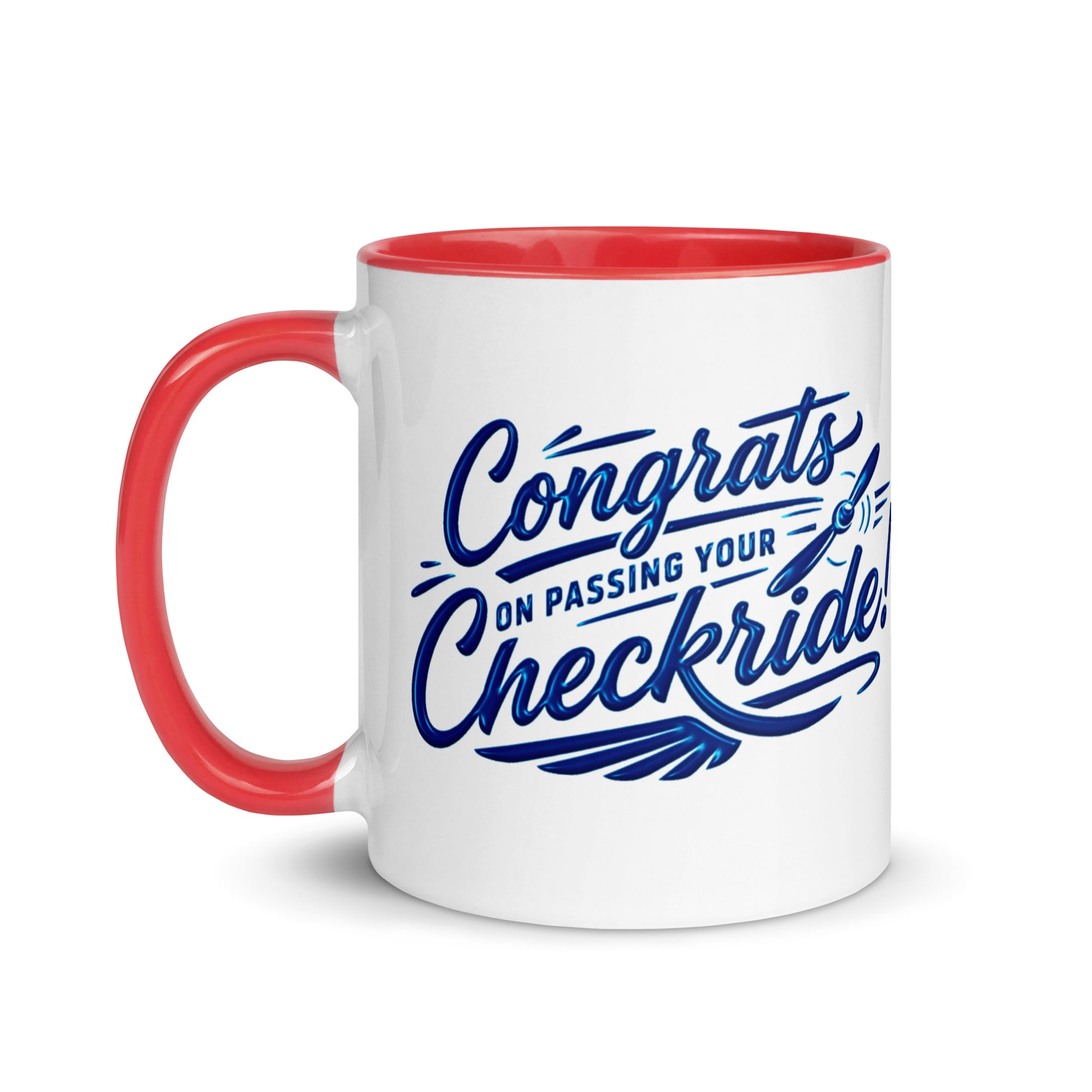 Congrats on passing your checkride! (v4. blue) 11 oz. mug with color inside