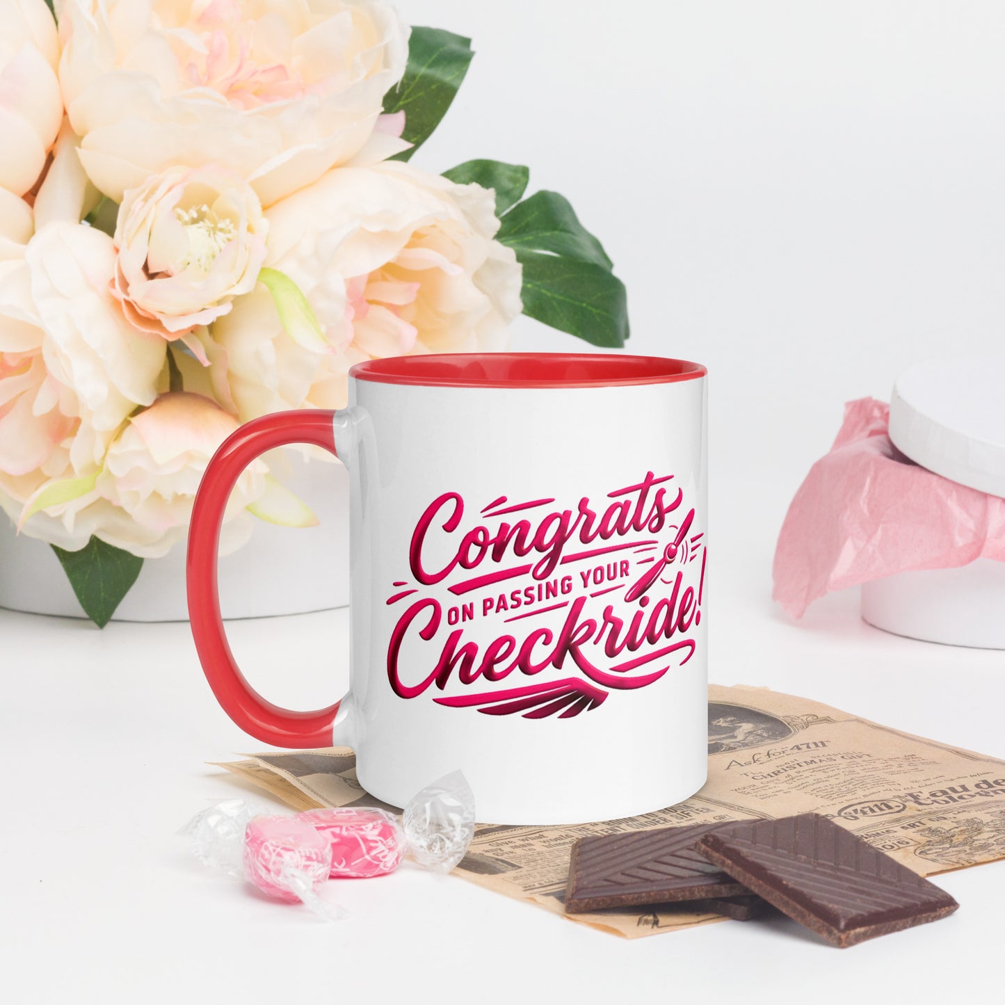 Congrats on passing your checkride! (v4. pink ) 11 oz. mug with color inside