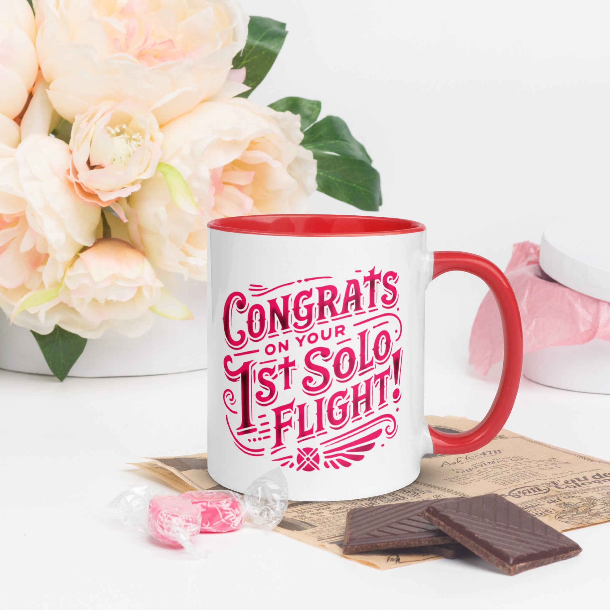 Congrats on your 1st Solo Flight! (pink) mug with color inside