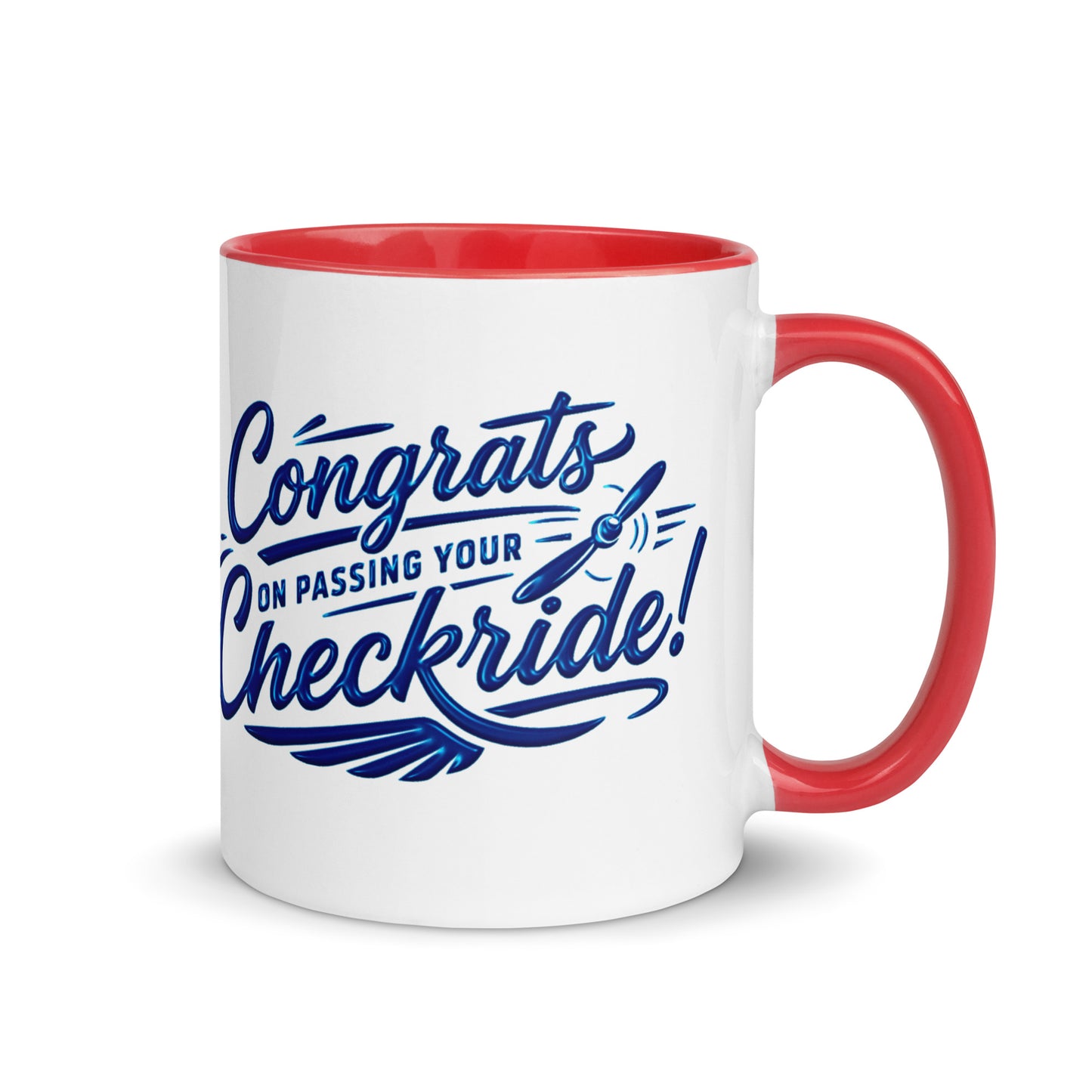 Congrats on passing your checkride! (v4. blue) 11 oz. mug with color inside