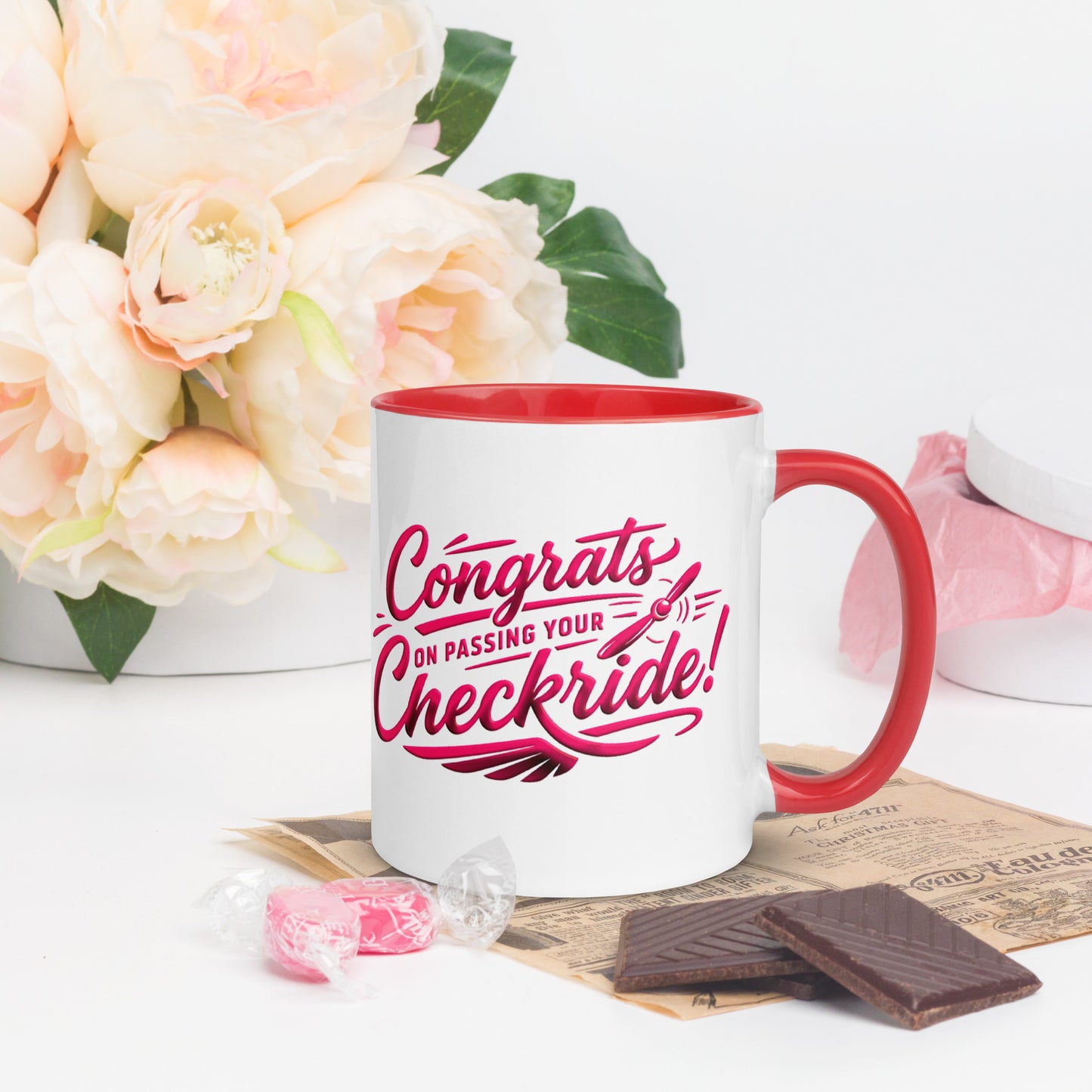 Congrats on passing your checkride! (v4. pink ) 11 oz. mug with color inside