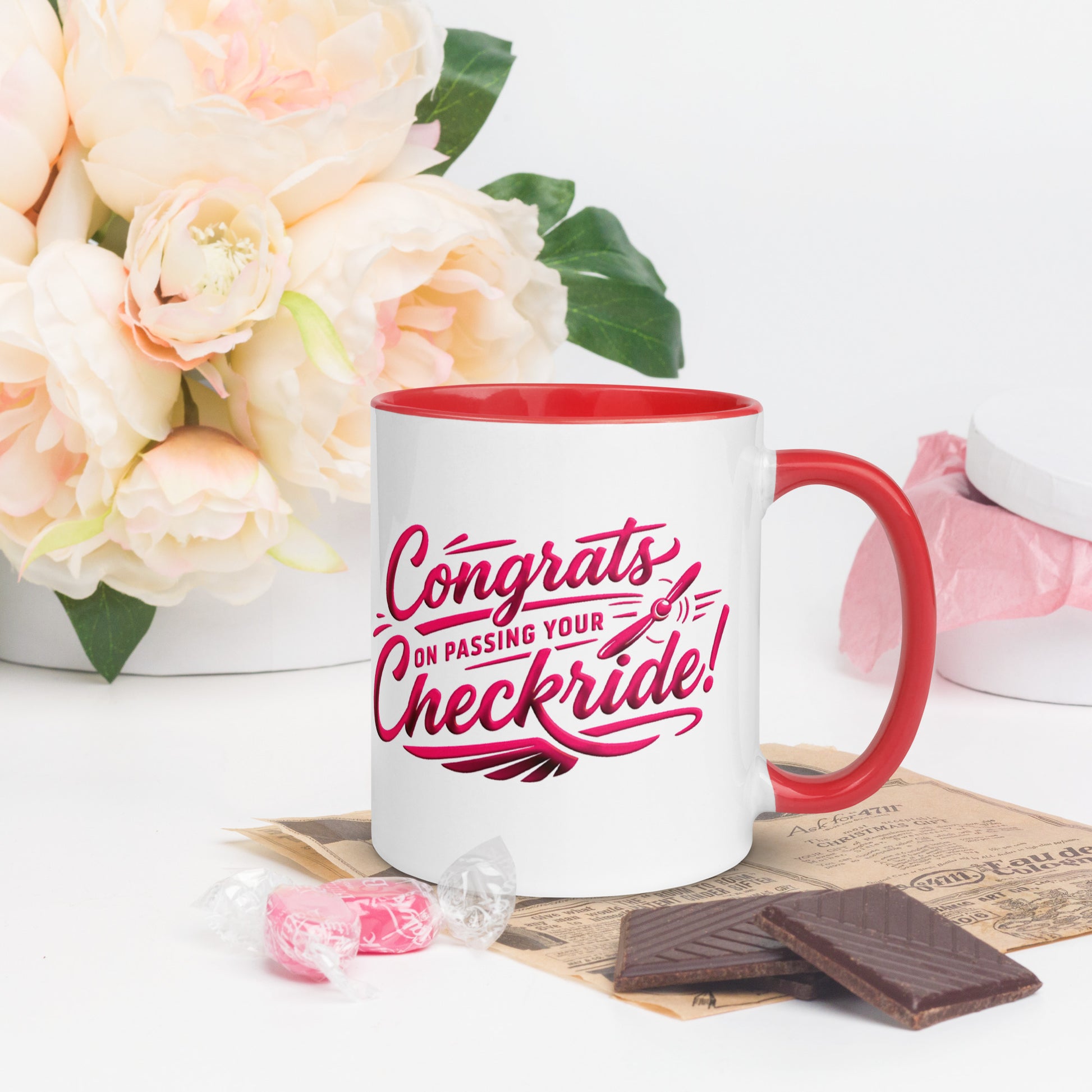Congrats on passing your checkride! (v4. pink ) 11 oz. mug with color inside