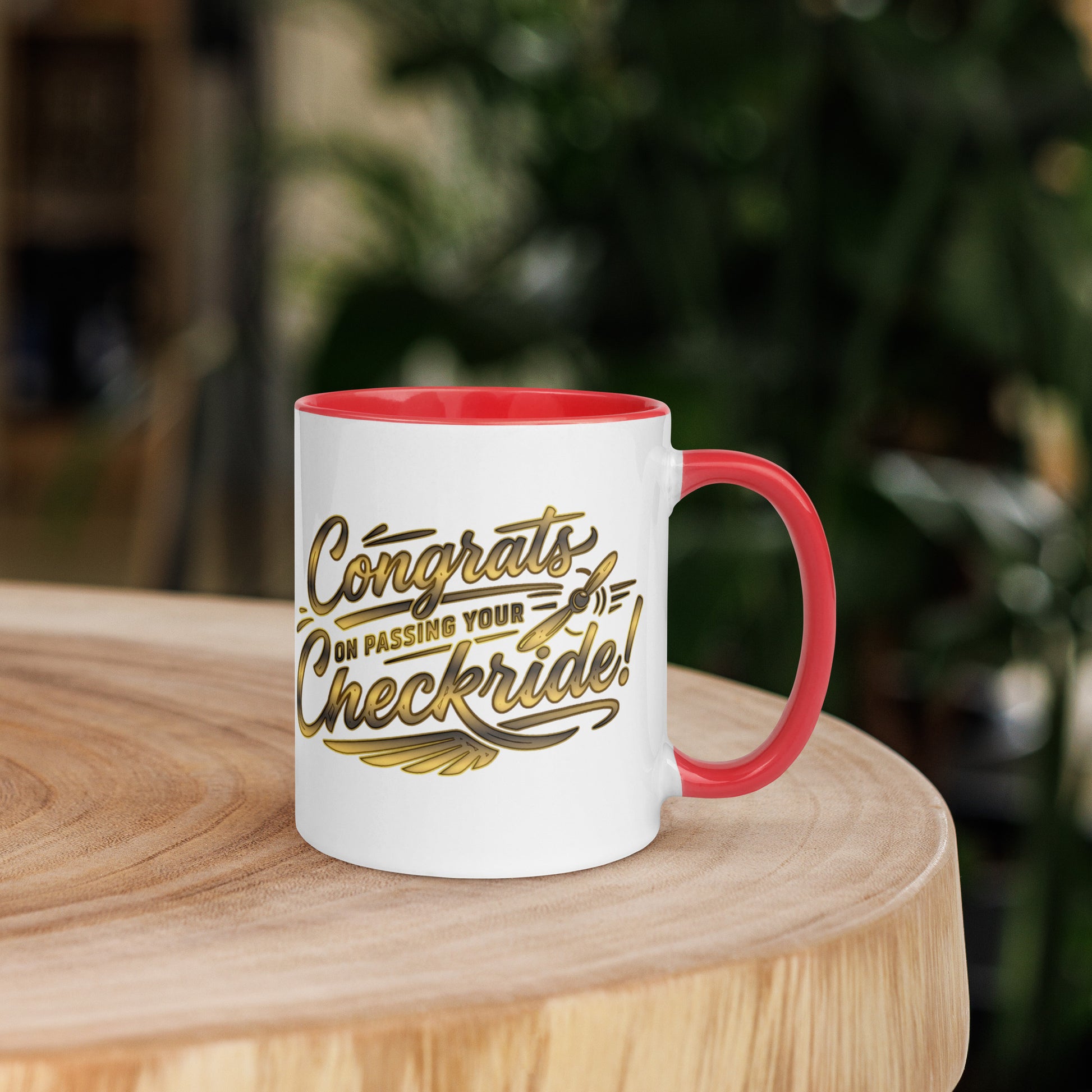 Congrats on passing your checkride! (v4. gold) 11 oz. mug with color inside