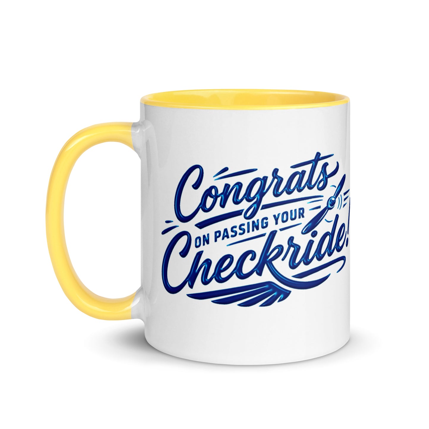 Congrats on passing your checkride! (v4. blue) 11 oz. mug with color inside