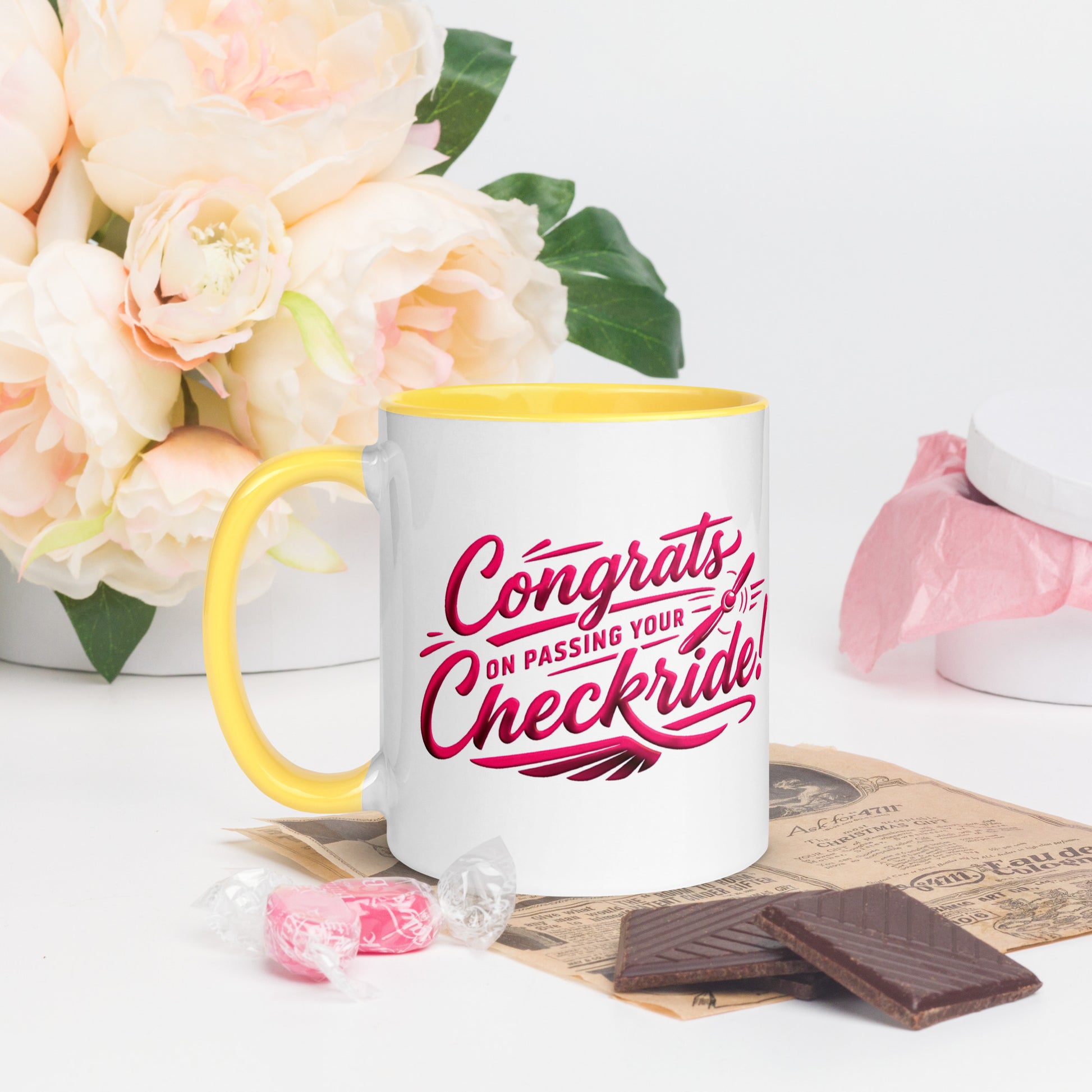 Congrats on passing your checkride! (v4. pink ) 11 oz. mug with color inside