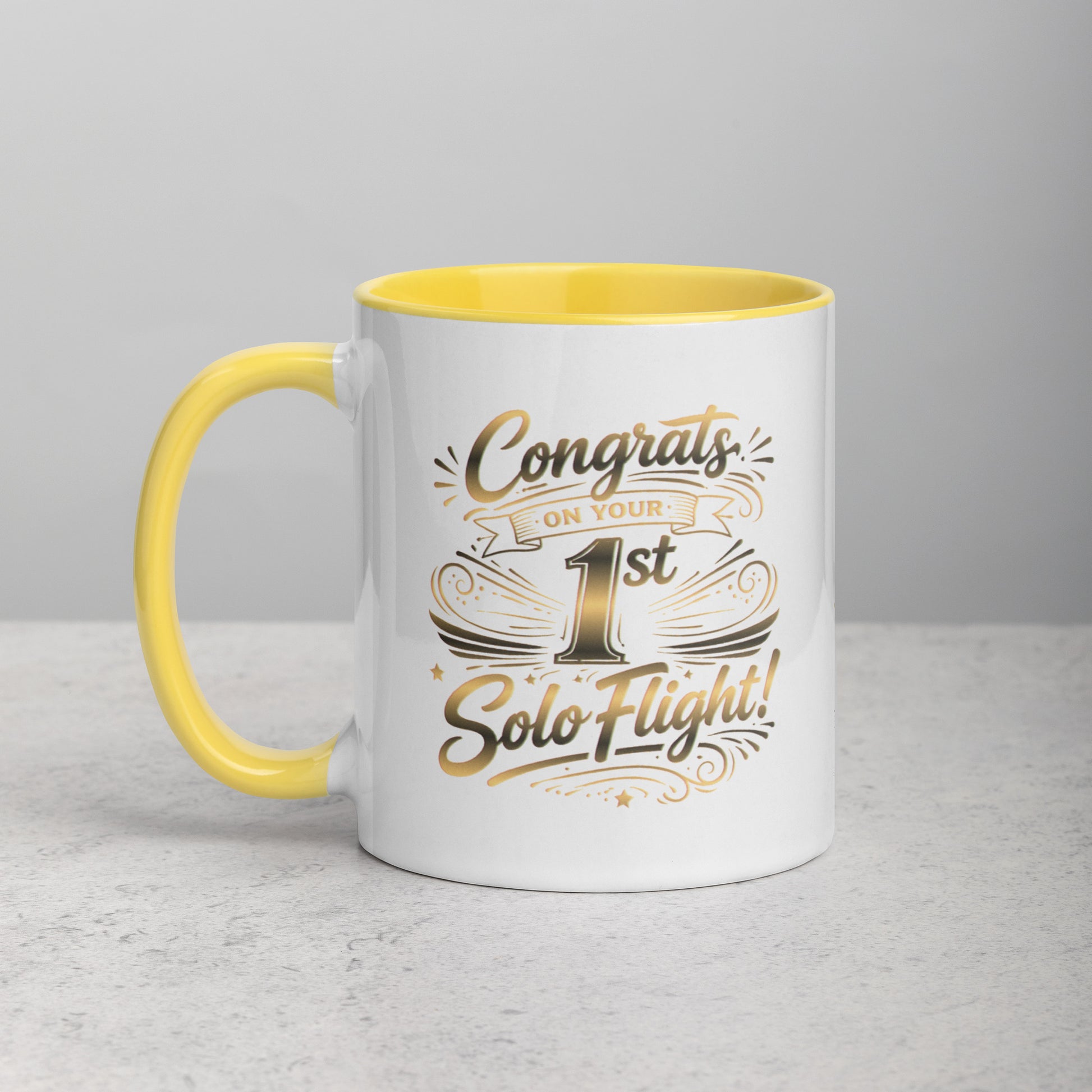 Congrats on your 1st Solo Flight! (v3. gold) 11 oz. mug with color inside