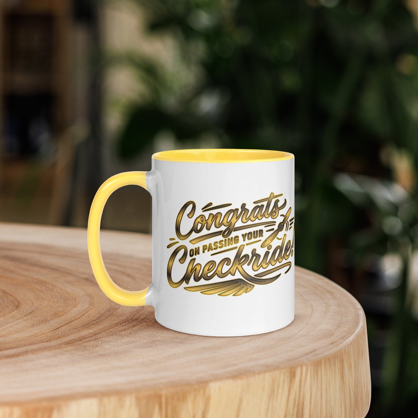 Congrats on passing your checkride! (v4. gold) 11 oz. mug with color inside