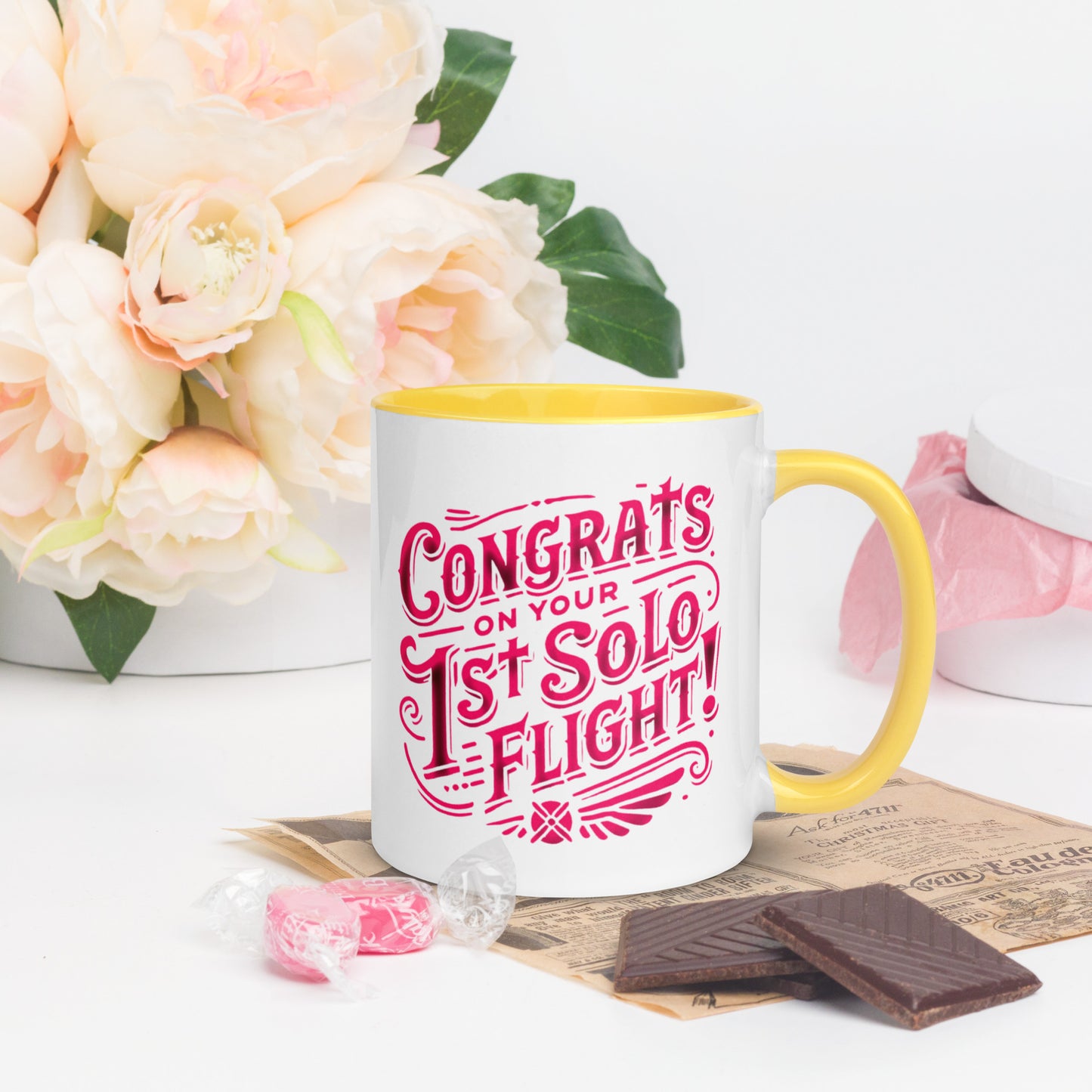 Congrats on your 1st Solo Flight! (pink) mug with color inside