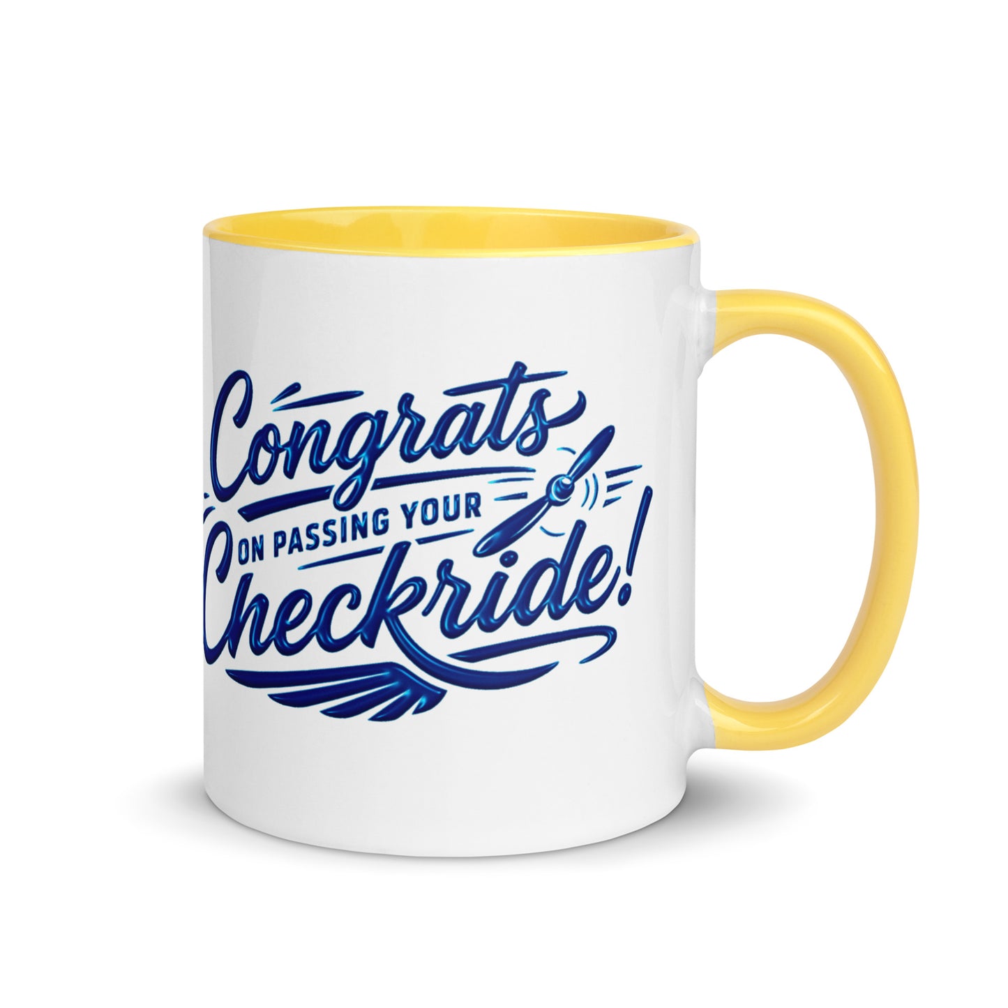 Congrats on passing your checkride! (v4. blue) 11 oz. mug with color inside
