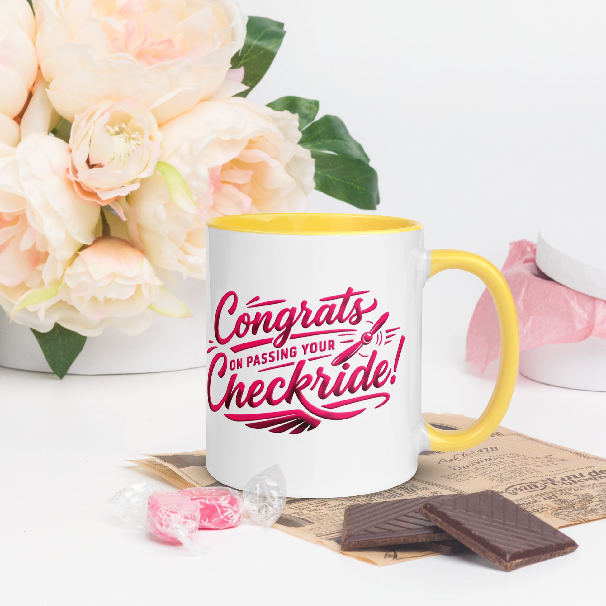 Congrats on passing your checkride! (v4. pink ) 11 oz. mug with color inside