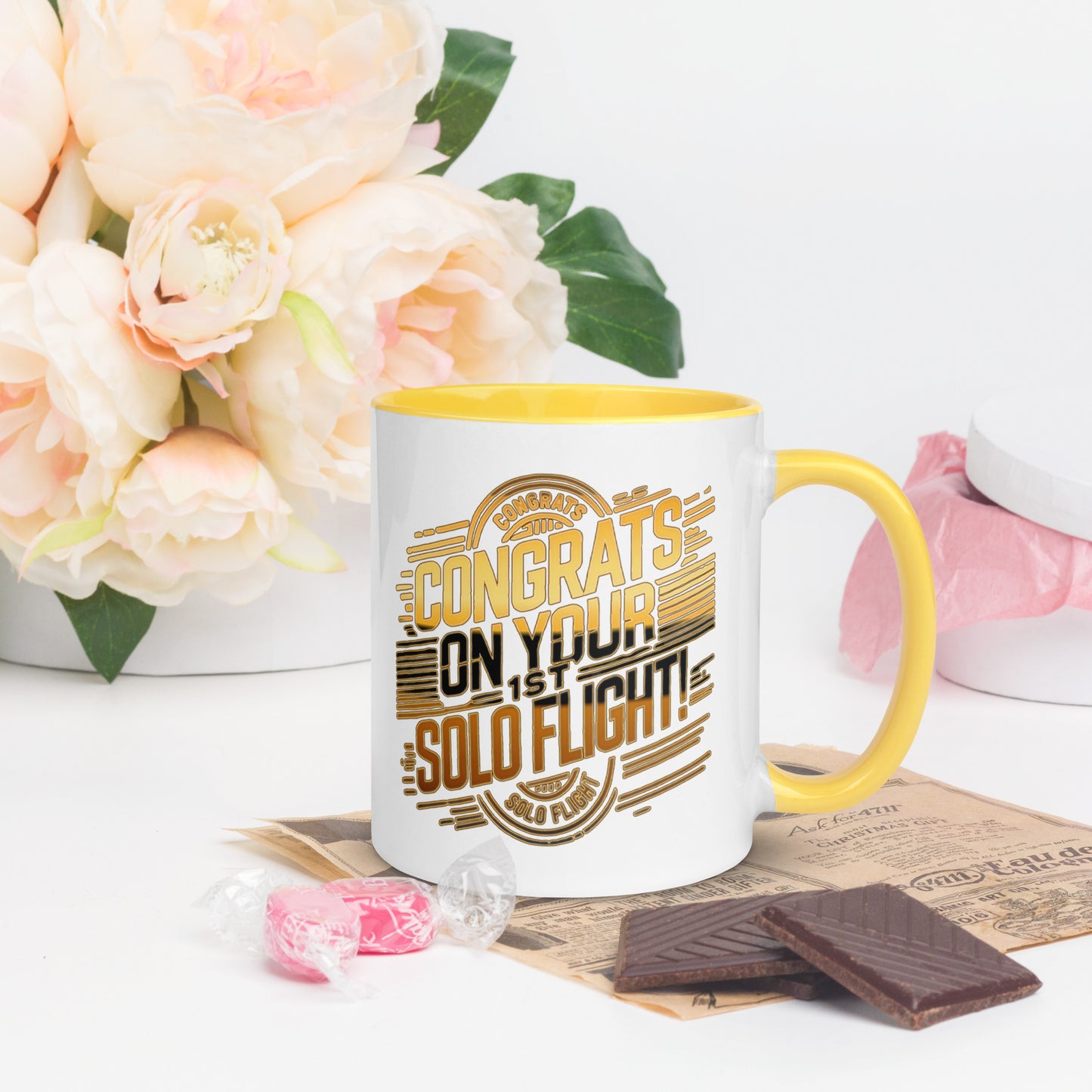 Congrats on your 1st Solo Flight! (v2. gold) 11 oz. mug with color inside