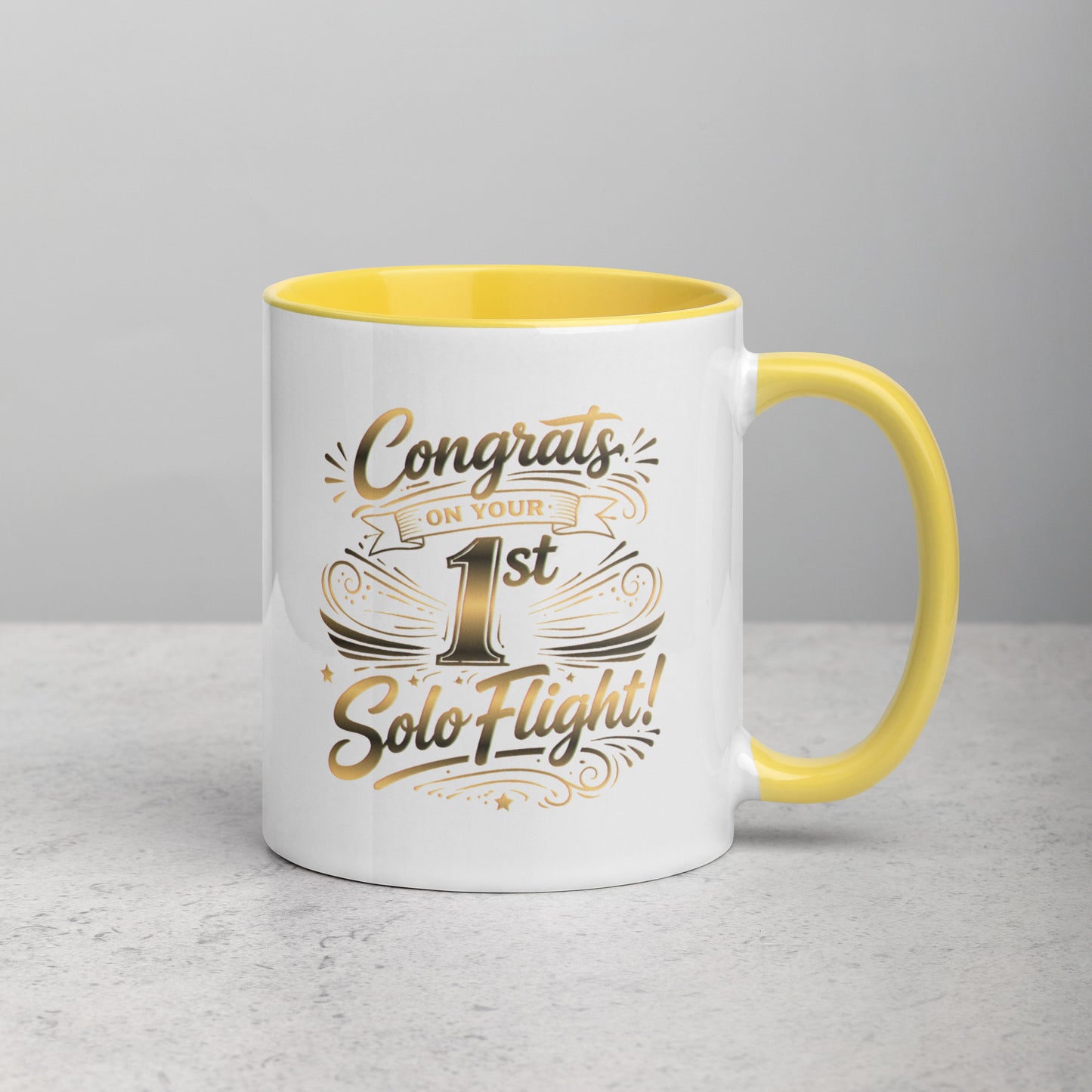 Congrats on your 1st Solo Flight! (v3. gold) 11 oz. mug with color inside