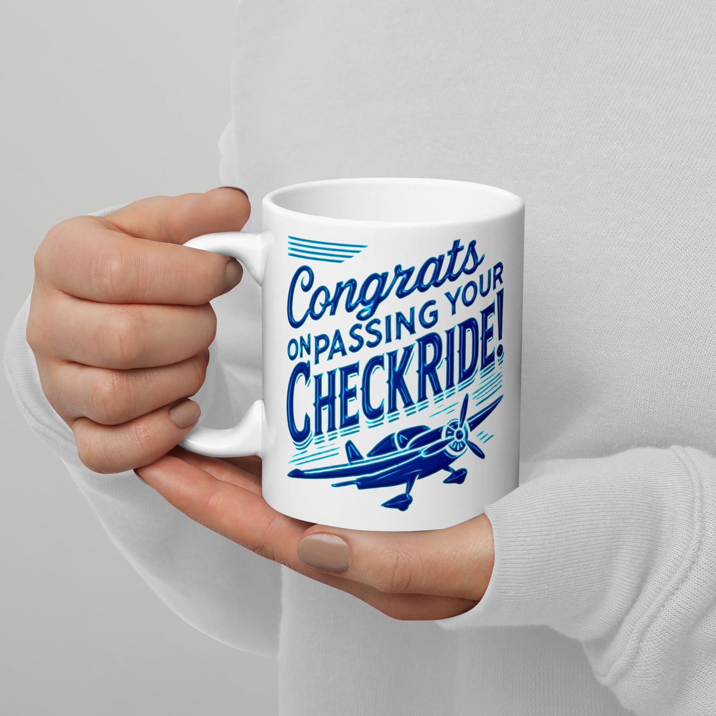 Congrats on passing your checkride! (v1. blue) mug