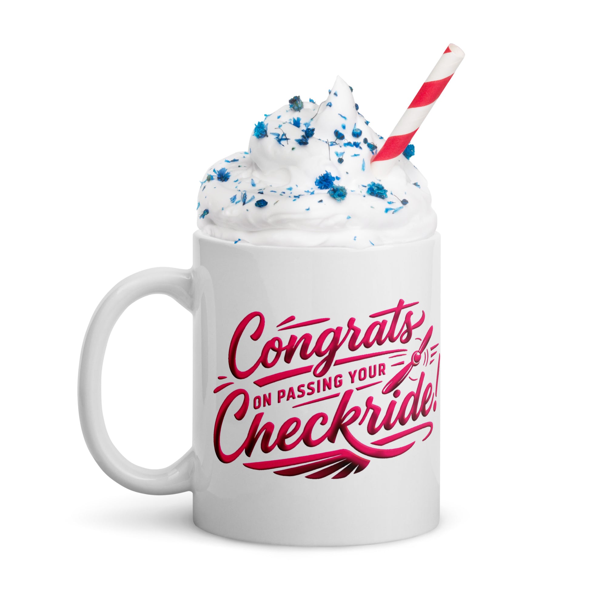 Congrats on passing your checkride! (v4. pink) 11 oz. mug