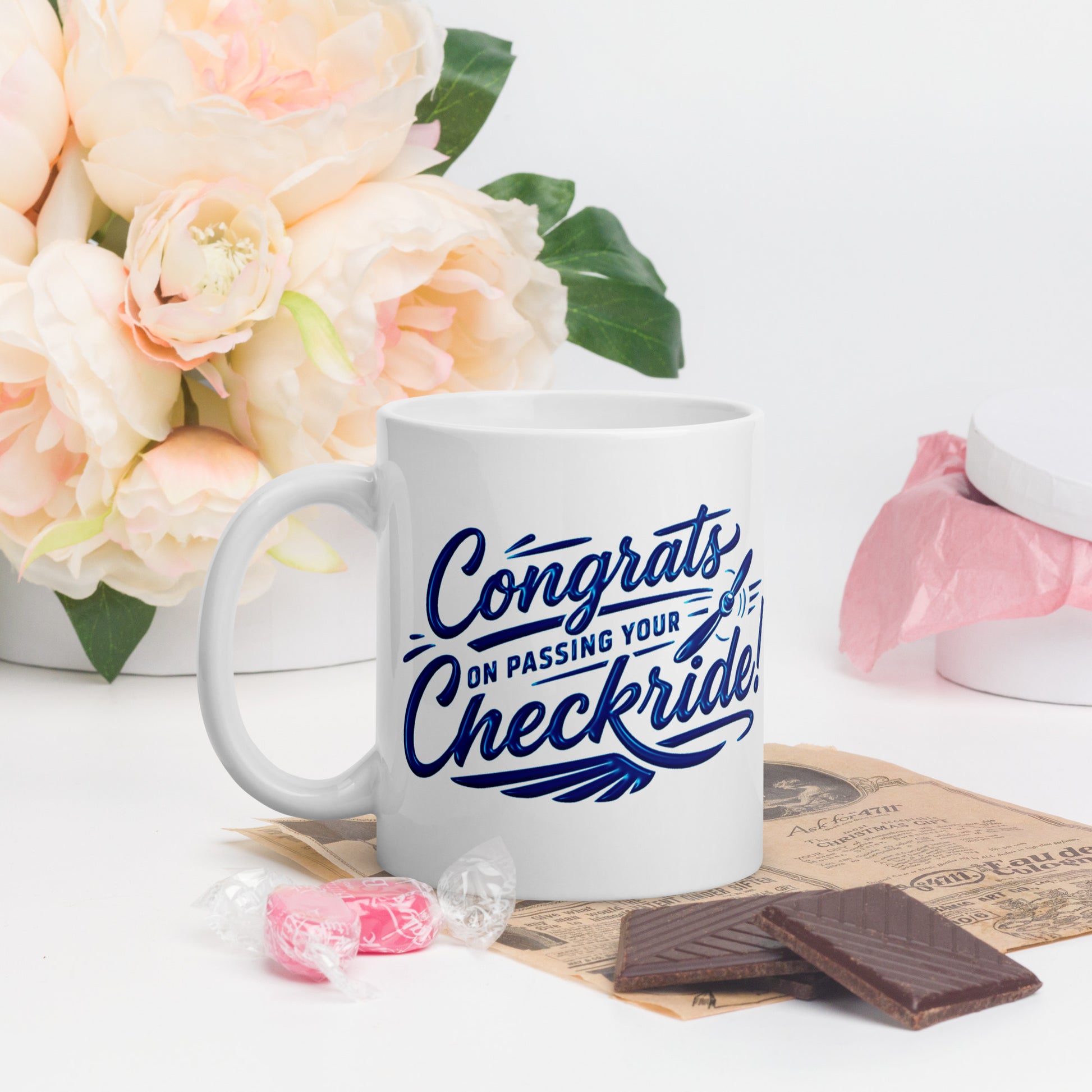 Congrats on passing your checkride! (v4. blue) 11 oz. mug