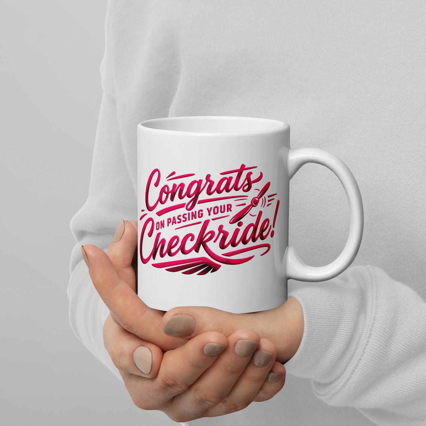 Congrats on passing your checkride! (v4. pink) 11 oz. mug