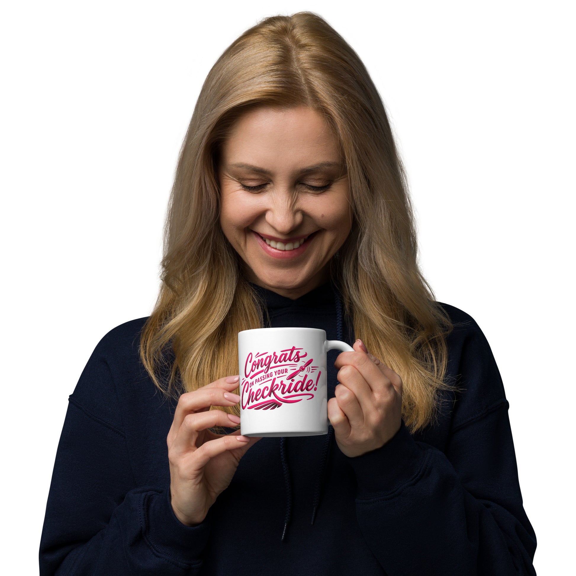 Congrats on passing your checkride! (v4. pink) 11 oz. mug