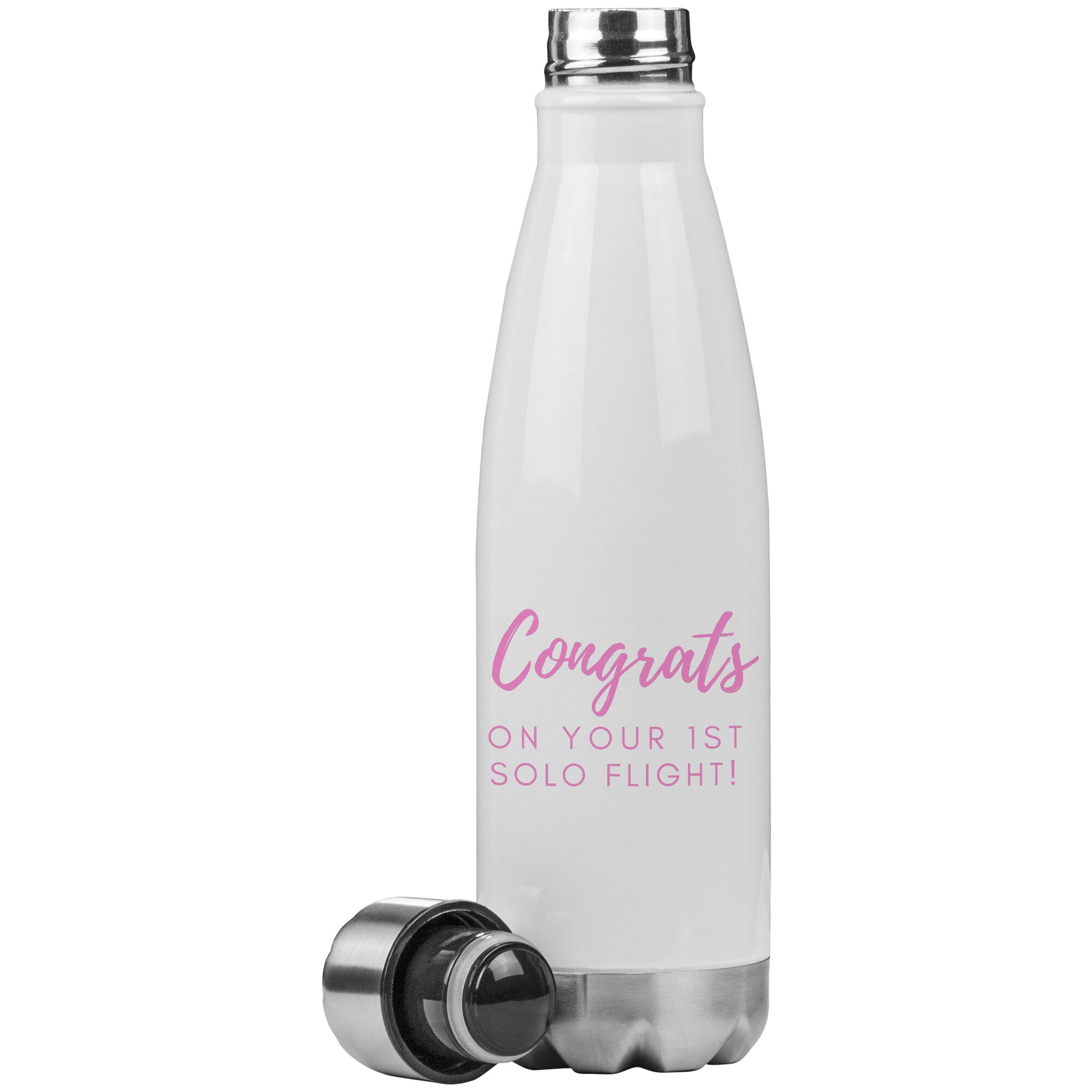 Congrats on your first solo flight! - 20oz stainless steel water bottle with pink text