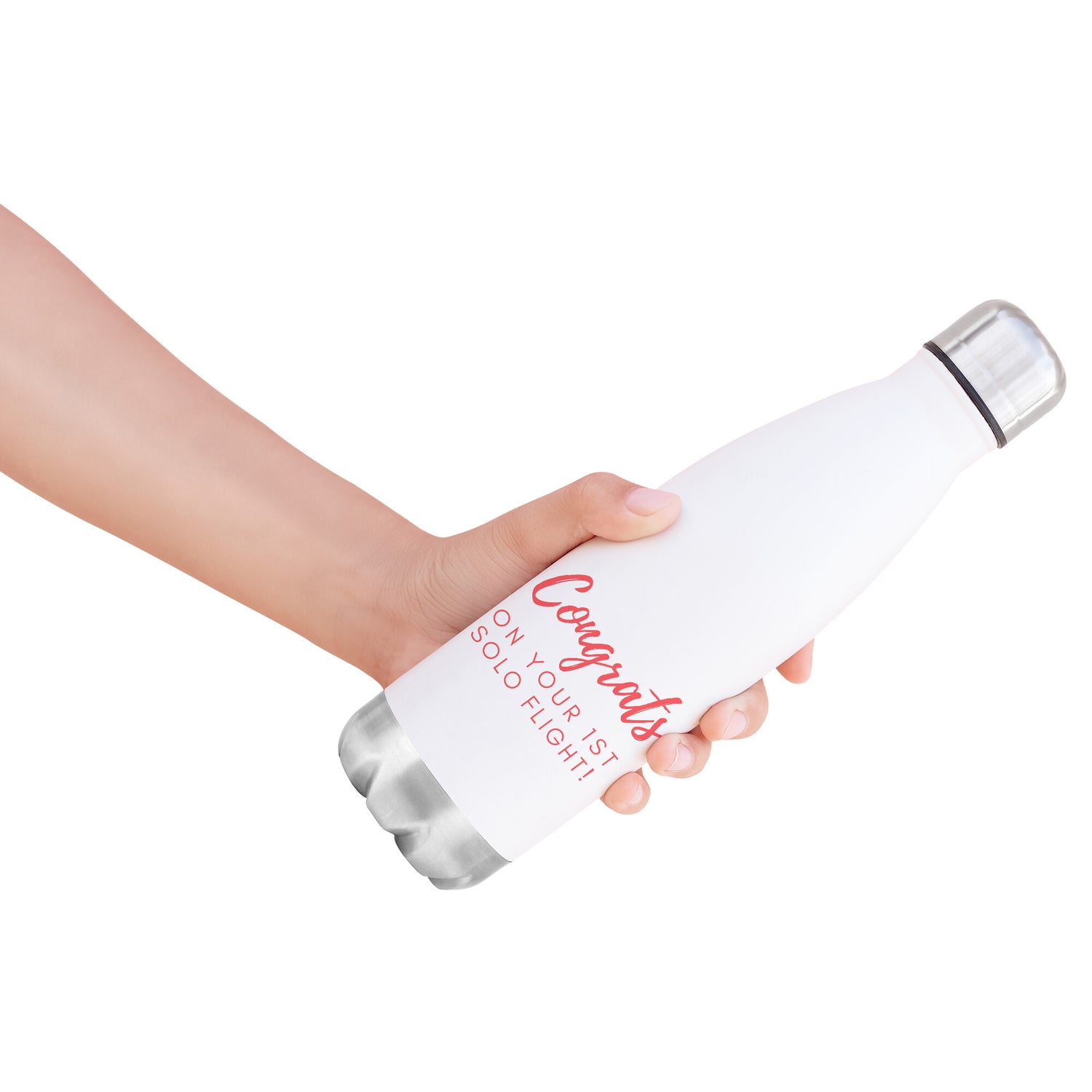 Congrats on your first solo flight! - stainless steel water bottle with red text