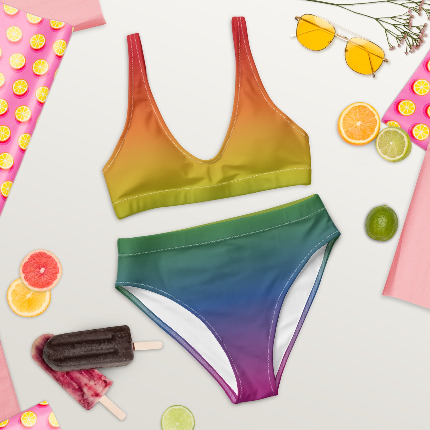 Rainbow colored recycled high-waisted bikini