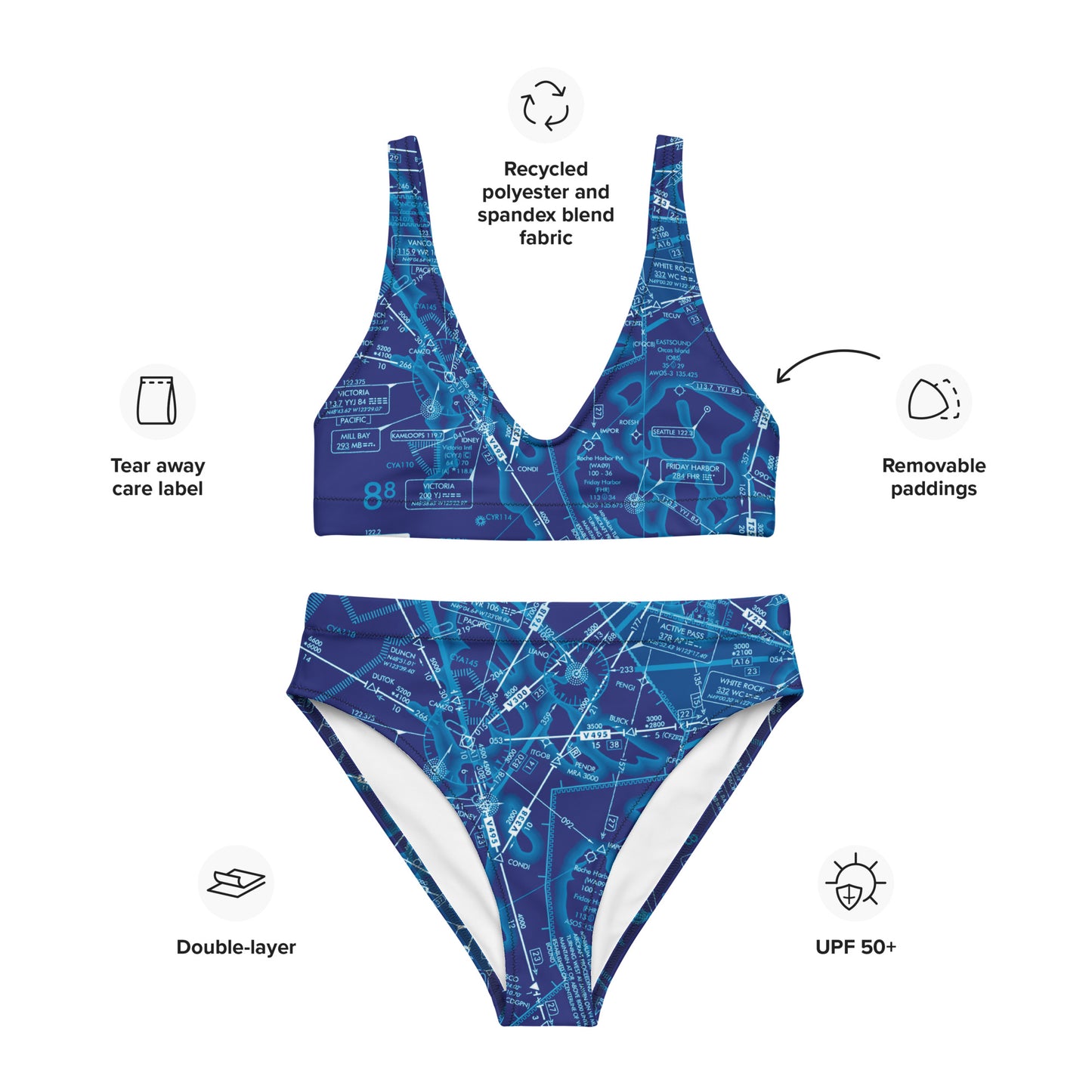 Enroute Low Altitude Chart recycled high-waisted bikini (blue)