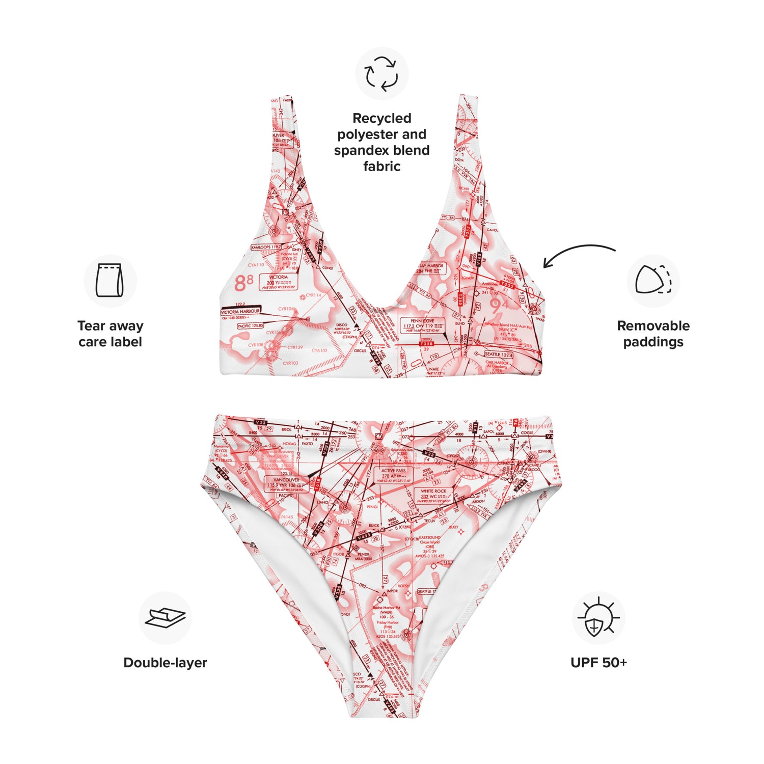 Enroute Low Altitude Chart recycled high-waisted bikini (red&white)