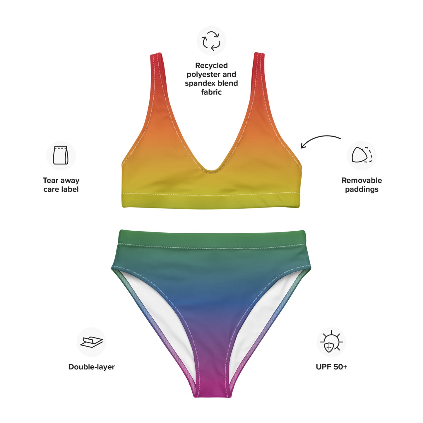 Rainbow colored recycled high-waisted bikini