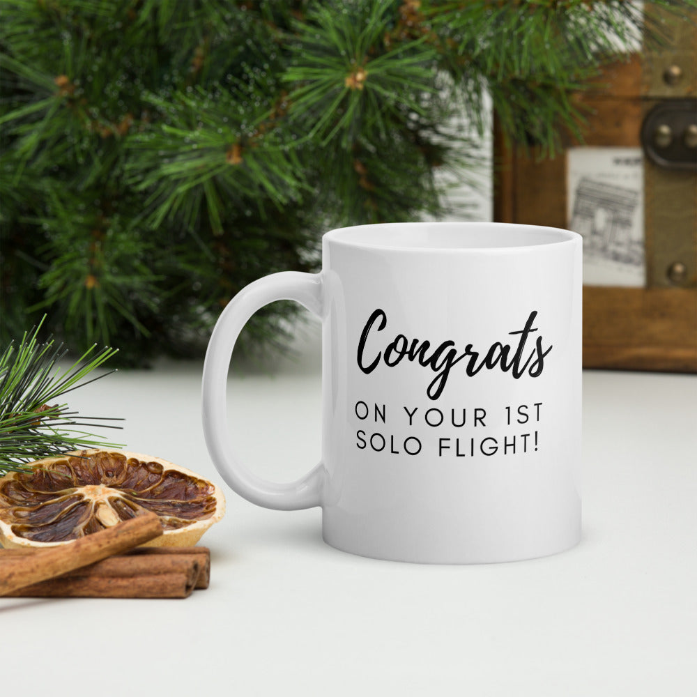 Congrats on your 1st solo flight - white glossy 11oz mug with black text