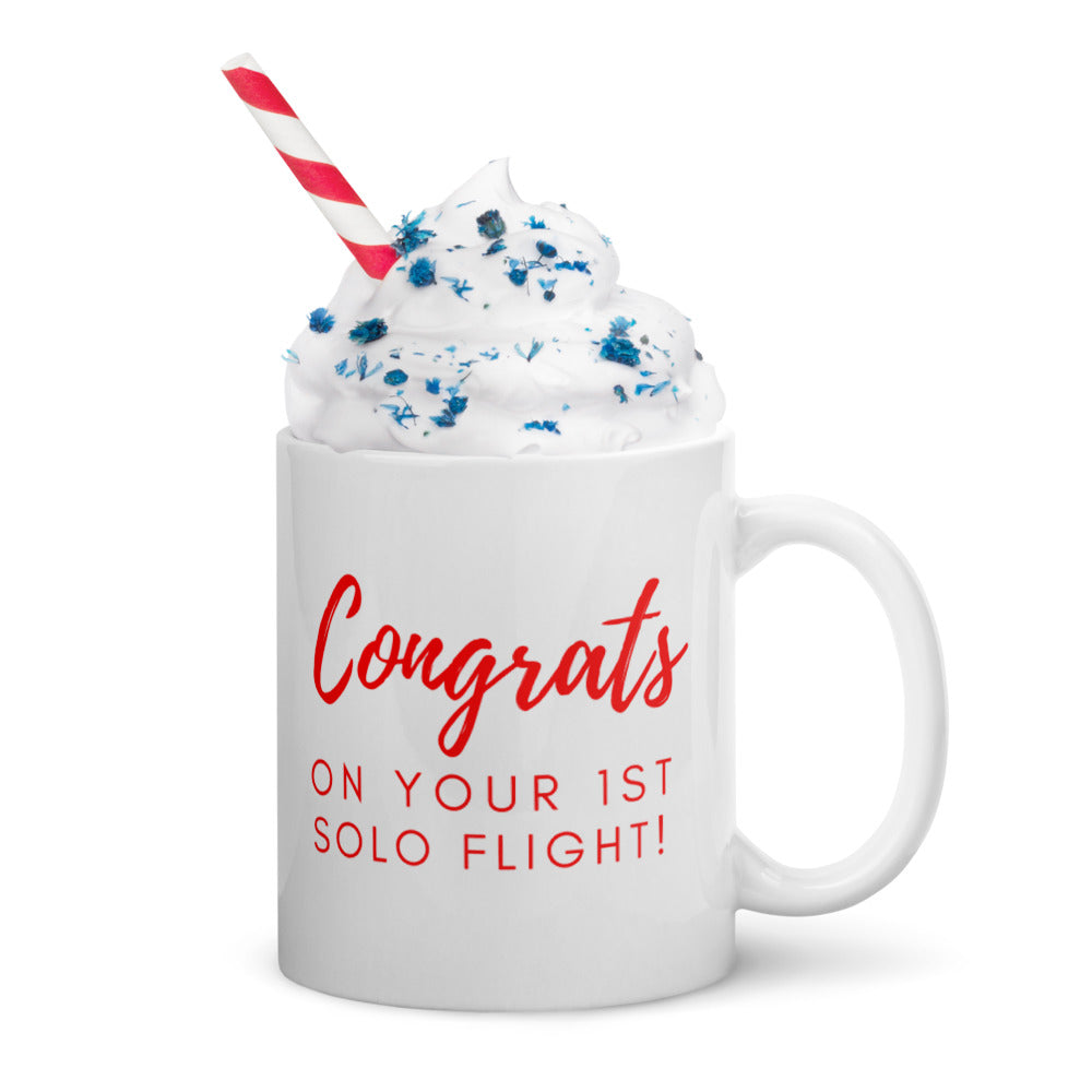 Congrats on your 1st solo flight - white glossy 11oz mug with red text