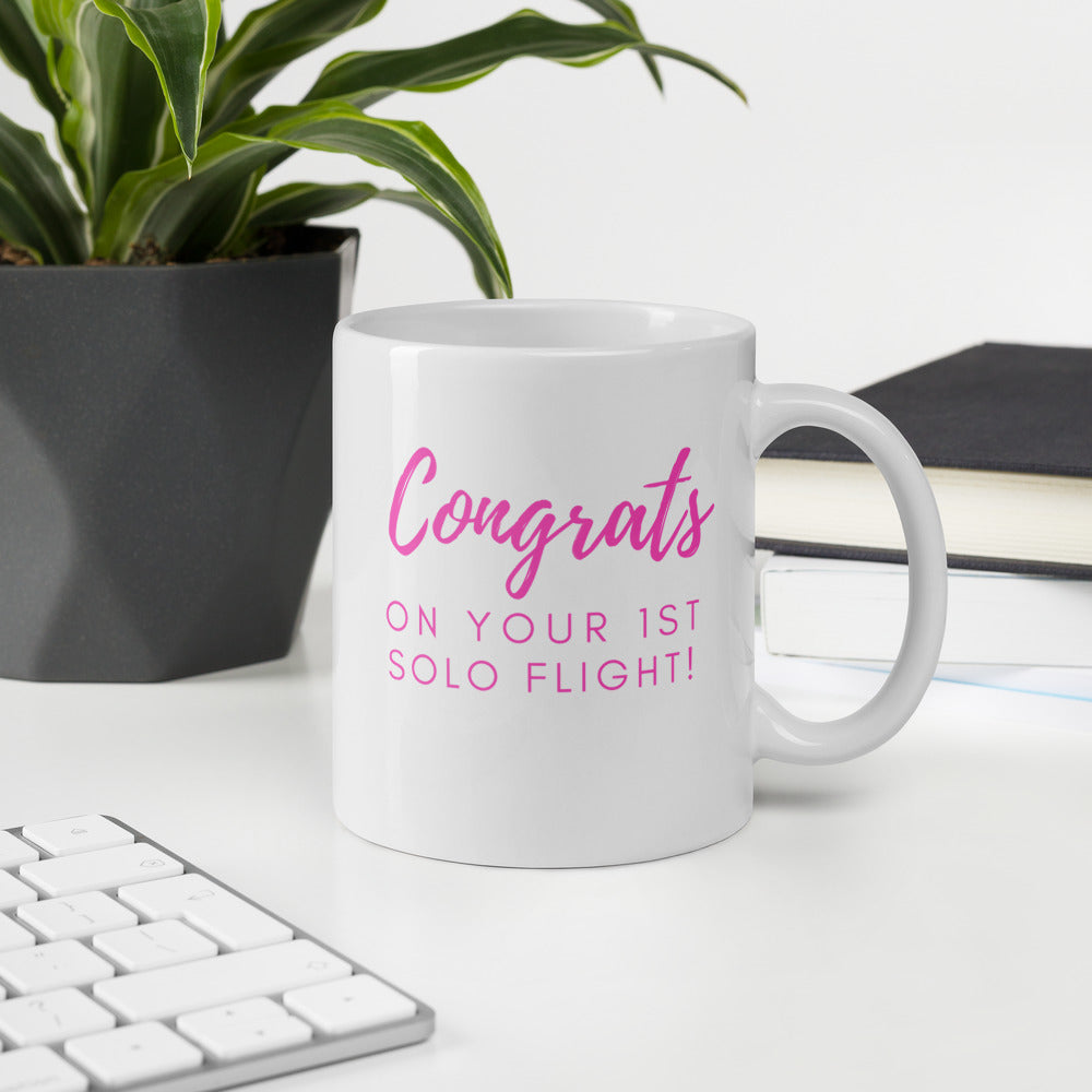 Congrats on your 1st solo flight - white glossy 11oz mug with pink text