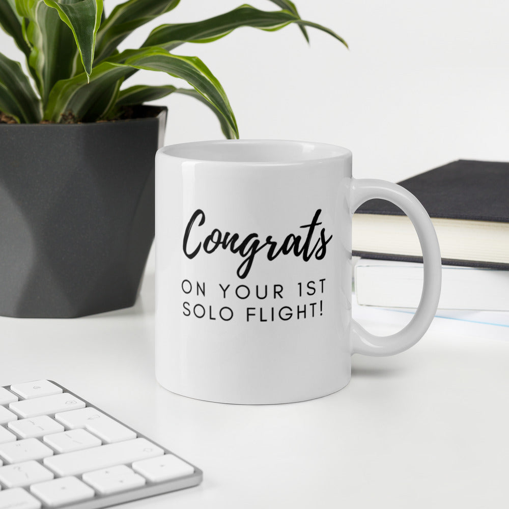 Congrats on your 1st solo flight - white glossy 11oz mug with black text