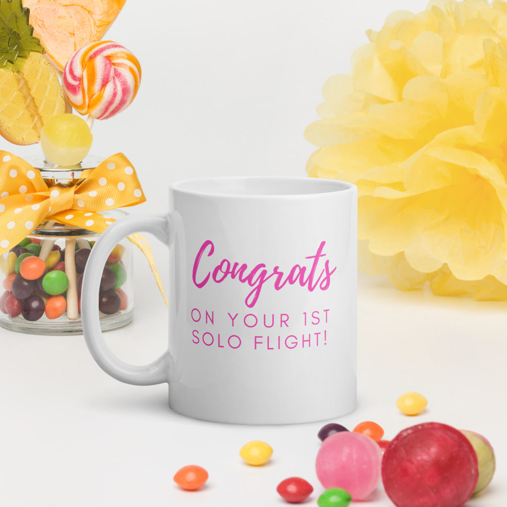 Congrats on your 1st solo flight - white glossy 11oz mug with pink text