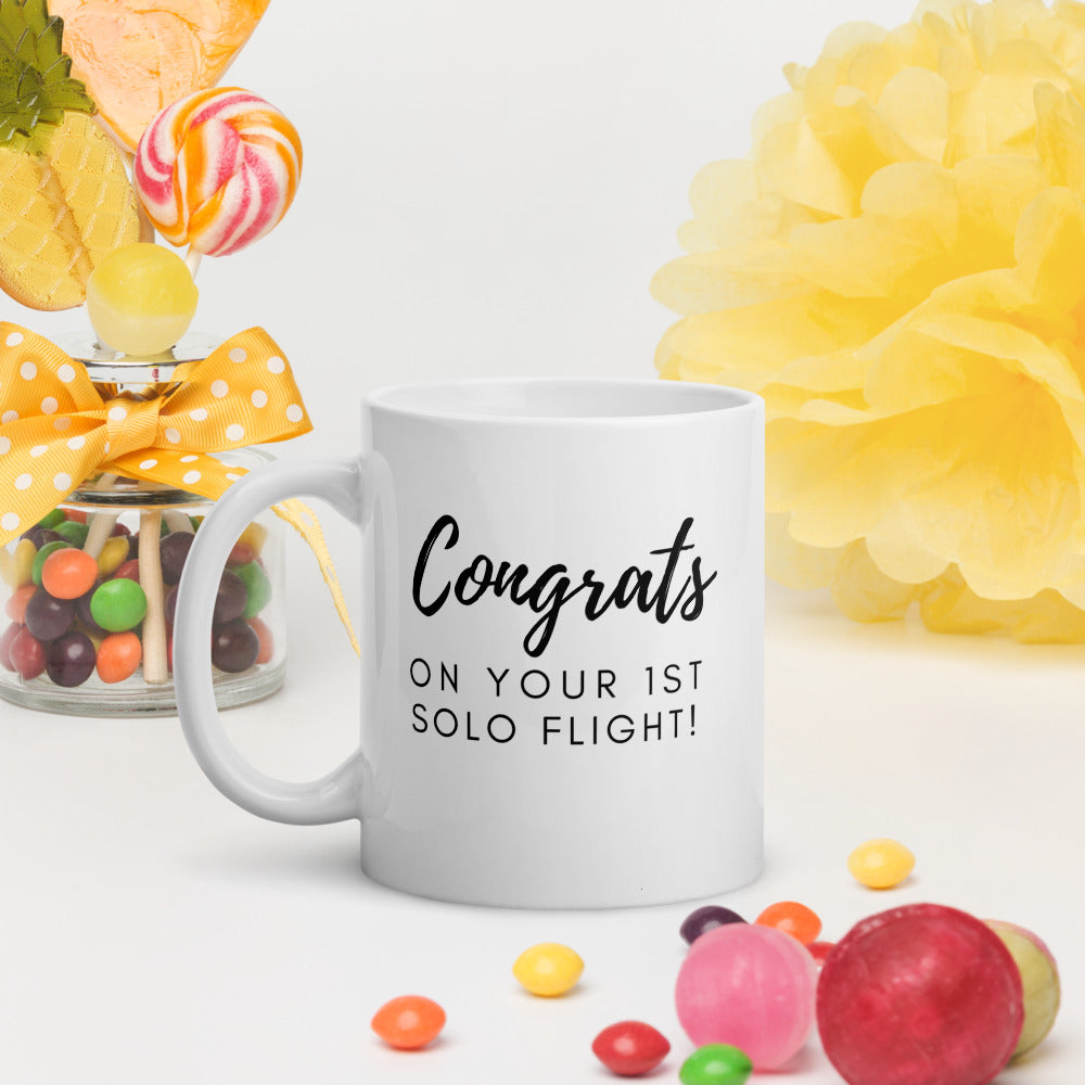 Congrats on your 1st solo flight - white glossy 11oz mug with black text