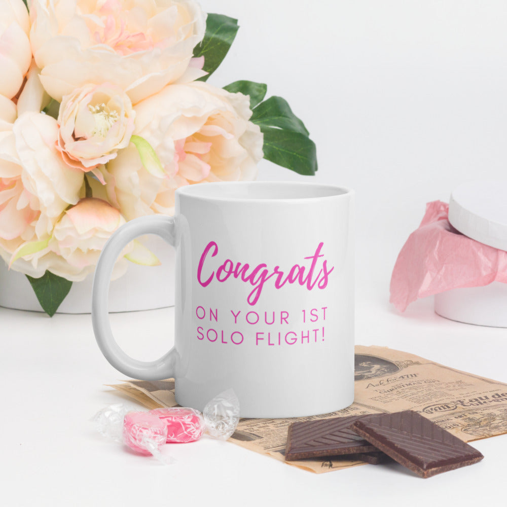Congrats on your 1st solo flight - white glossy 11oz mug with pink text